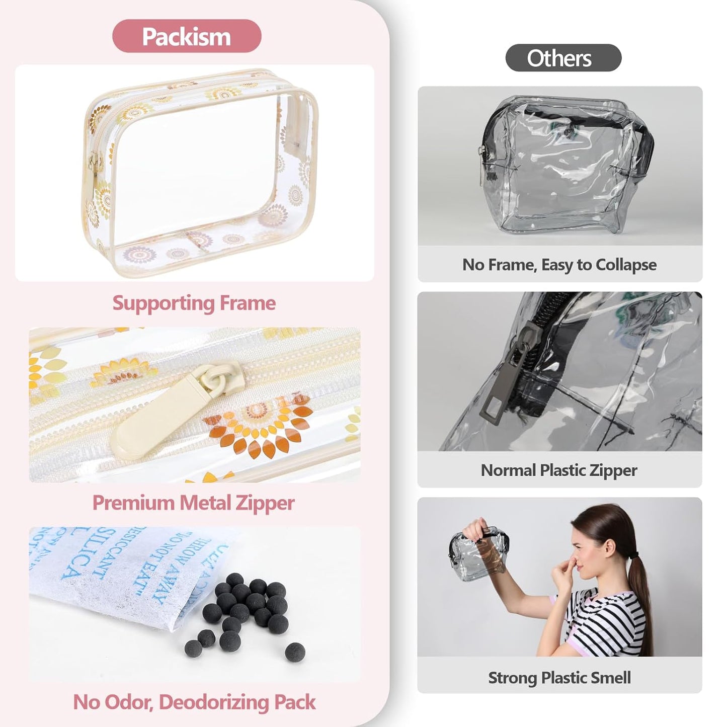 PACKISM TSA Approved Toiletry Bag - Beige Bohemian Print Clear Cosmetic Bag, Suitable for Gifts, with Supporting Frame, Perfect for Travel Essentials, Thick No Smell