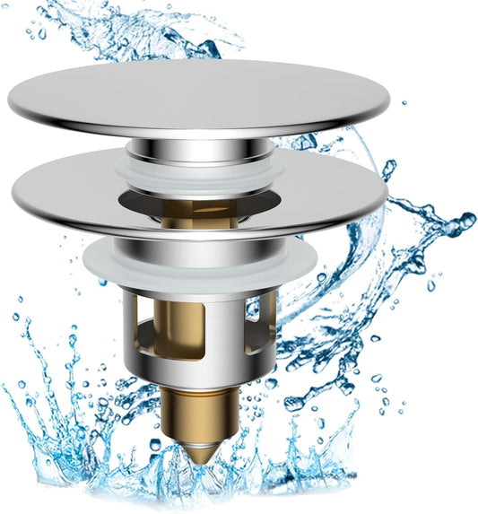 Hibbent All Metal 2 in 1 Bathroom Sink Stopper, Universal Pop Up Drain Strainer, Brass Bullet Core Push Type Sink Stopper for 1.1''~2.3'' Basin, Big Push Button, Anti Clogging Drain Filter, Chrome