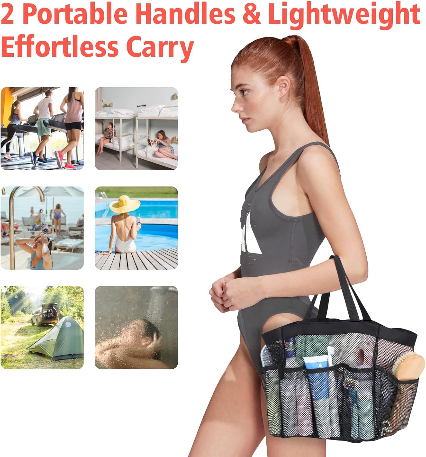 F-color Mesh Shower Caddy Portable - 2 Handles Upgrade Deeper 7 Pockets Basket Bag Tote for College Dorm Room Toiletry Bathroom Essentials Gym Camp Quick Dry with S Hook, 2 Pack, Black & Blue