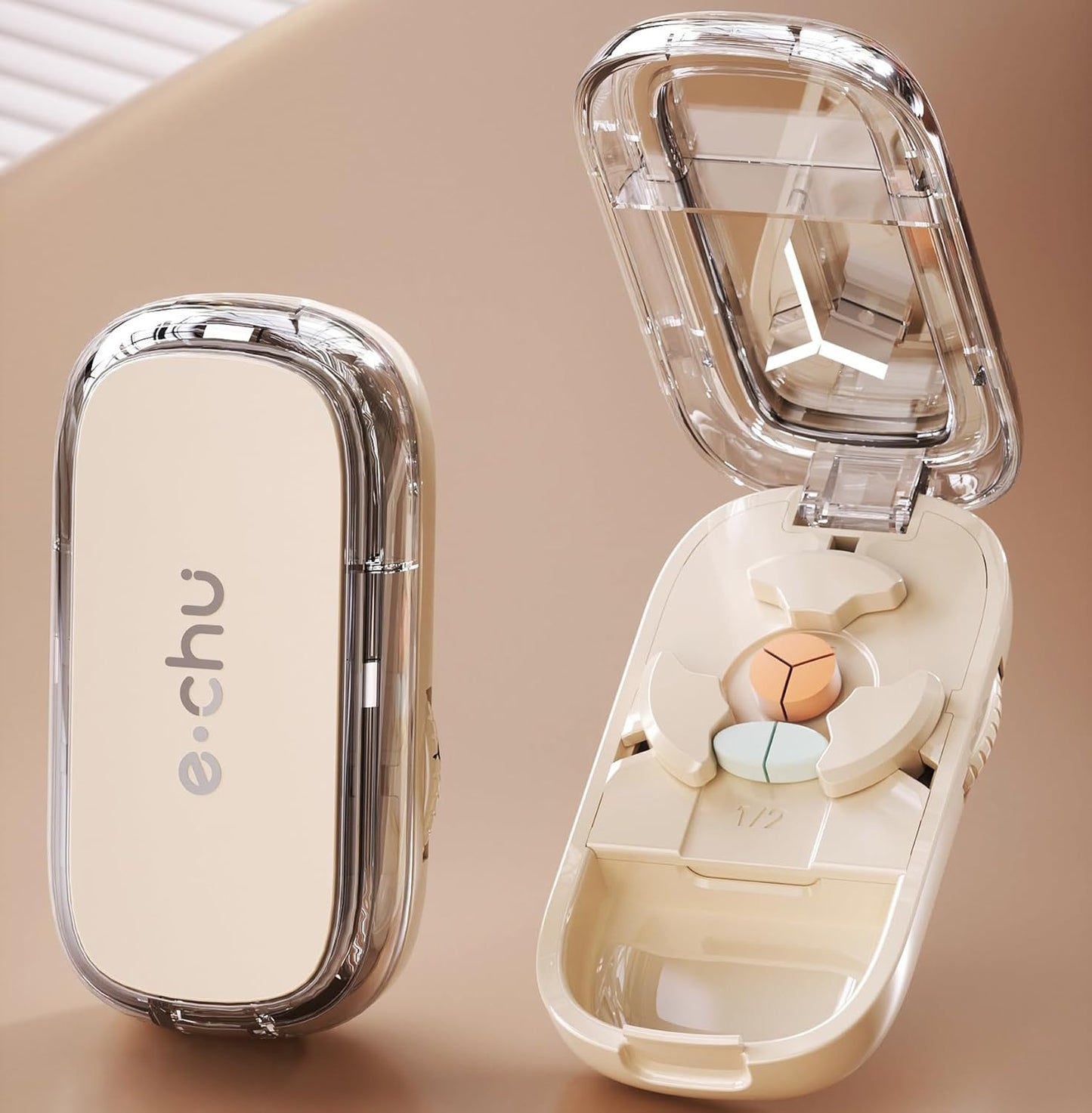 Pill Cutter Splitter for Small and Tiny Pills - 1/3 Adjustable Pill Splitter with Centering Device for Cutting Multiple Pills, Accurate Alignment and Easy to Use (1/3 Beige)