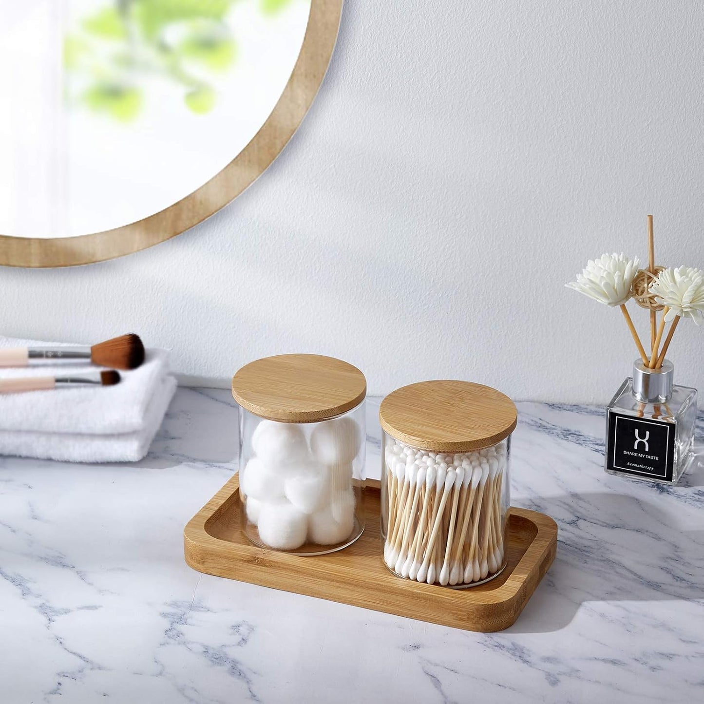 Qtip Holder With Vanity Tray, Glass Apothecary Jars With Lids for Bathroom, Cotton Ball Swab Pad Rounds Holder Canister Jars for Restroom Decorations and Organizer