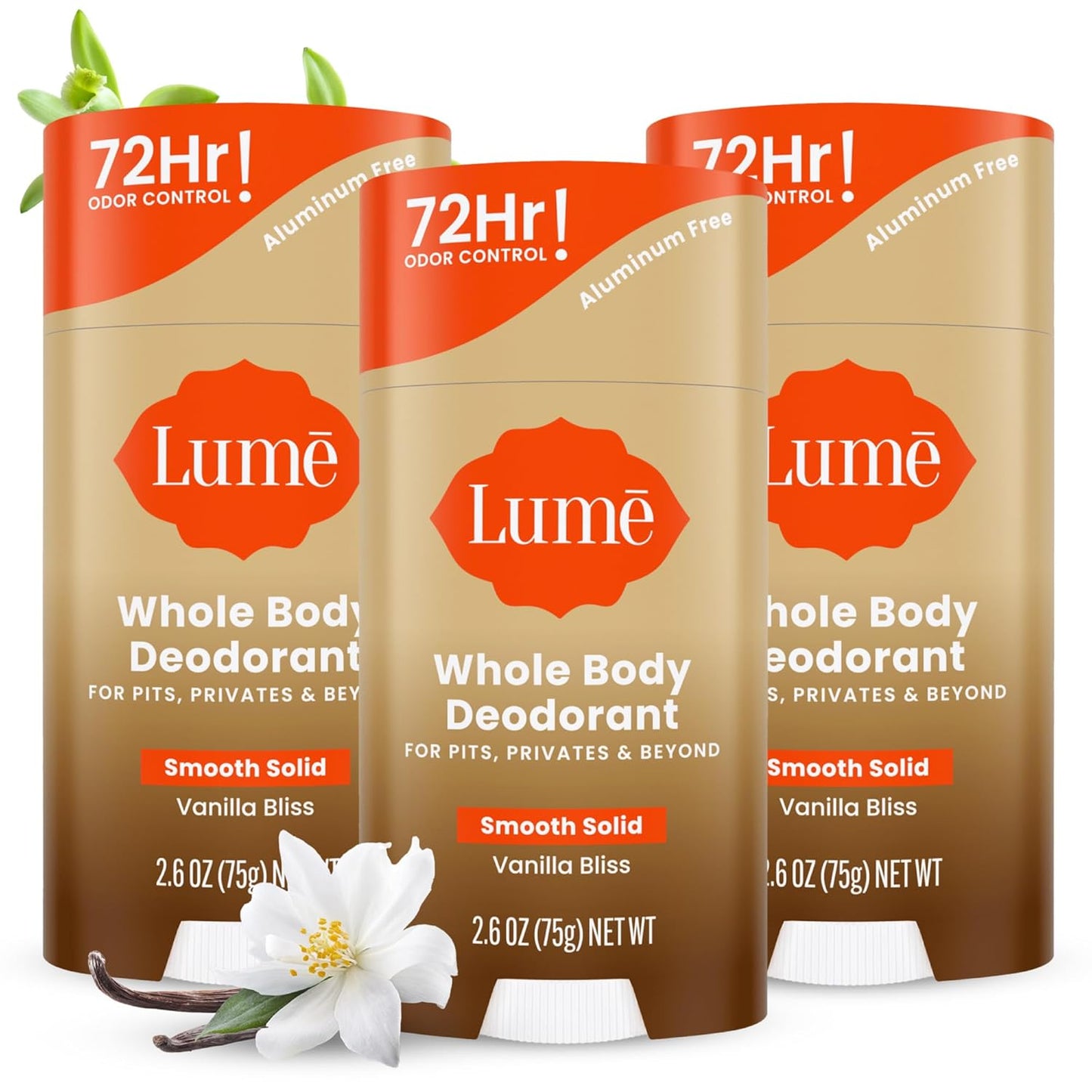 Lume Whole Body Deodorant - Smooth Solid Stick - 72 Hour Odor Control - Doctor Developed - Aluminum Free, Baking Soda Free and Skin Loving - 2.6 Ounce (Pack of 3) (Vanilla Bliss)
