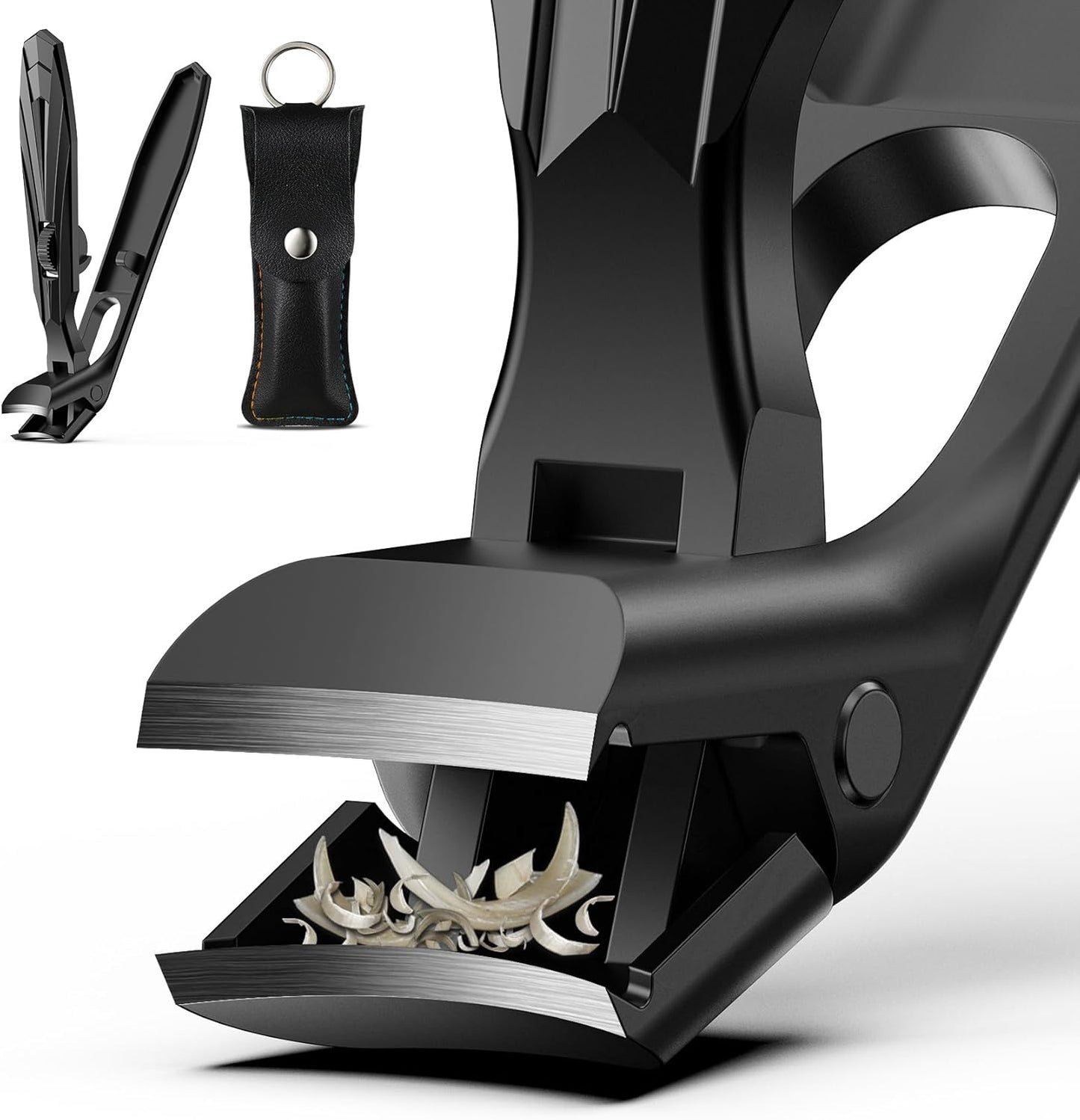 FVION Ergonomic Angled Toenail Clippers for Thick Nails – Long Handle Nail Cutter with Lock & Catcher, Stainless Steel Clippers for Seniors, Men & Women （Black）