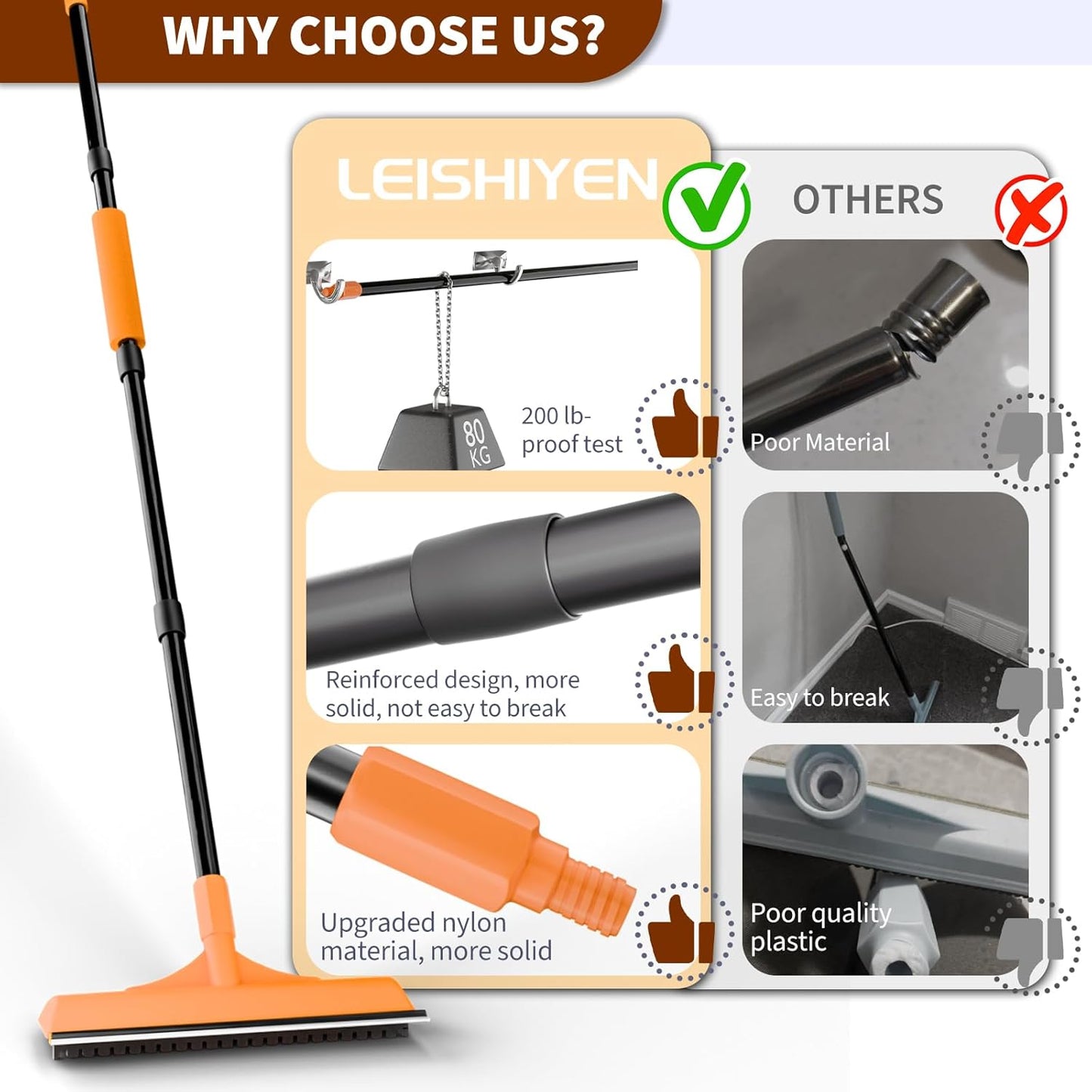 Carpet Rake for Pet Hair Removal - 3 in 1 Pet Hair Remover Tool with 58" Adjustable Long Handle,Reusable Dog & Cat Carpet Scraper,Pet Hair Remover for Rugs,Mats,Couch,Curtains(Orange)