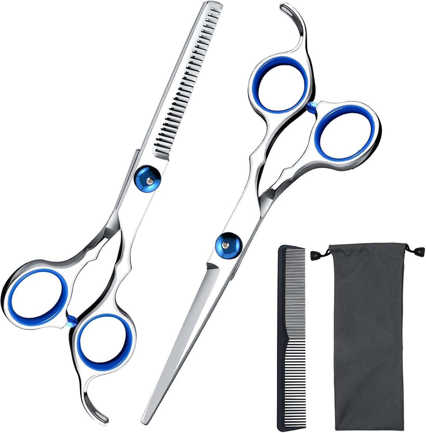 Hair Cutting Scissors Shears Set, ekuci Professional Home Haircutting Scissors Thinning Shears Kit with Free Comb and Storage Bag for Men Women Home Salon Barber Cut Kit (Silver)