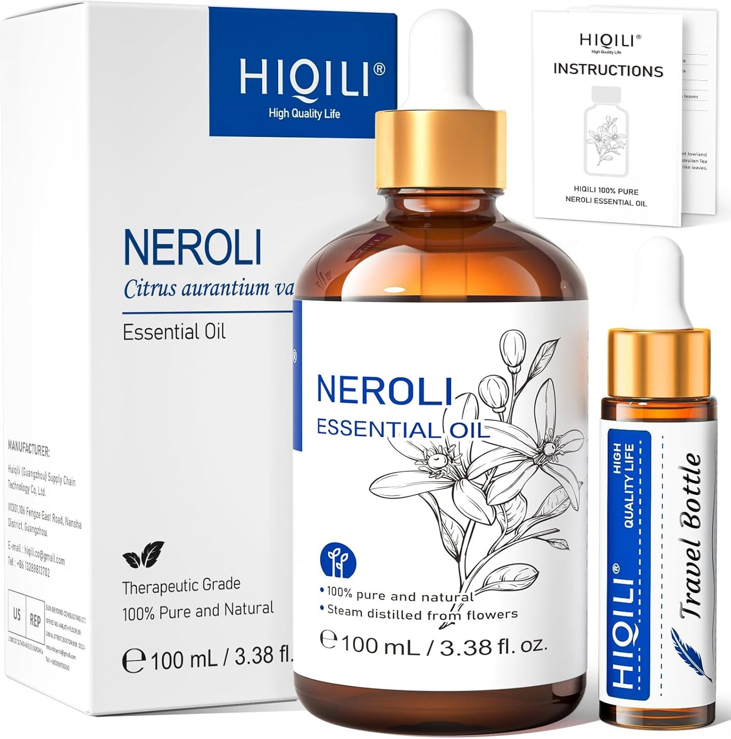 HIQILI Neroli Essential Oil 3.38 Fl Oz, Pure Natural Neroli Oil for Skin, Diffuser, Includes 10ML Travel Bottle - 100ML