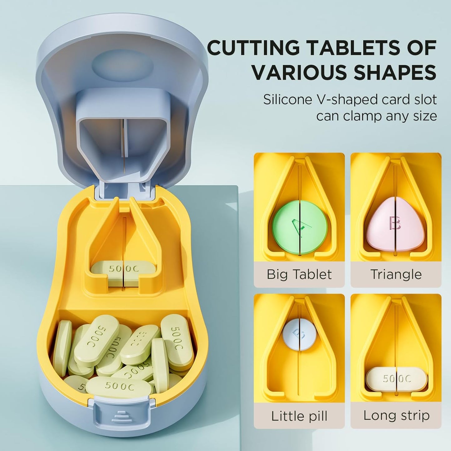 Pill Cutter for Small and Tiny Pills - Pill Splitter with Detachable Silicone Pad - Easy Open Snap Button. Wrap-Around Blade Guard Prevents Cuts. Back Storage (Blue)