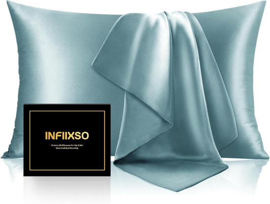 INFIIXSO Mulberry Silk Pillowcase for Hair and Skin, Silk Pillow Cases Queen Size Set of 2 with Hidden Zipper 20x30 Inches, Smooth and Soft Cooling Pillow Cases for Hot Sleepers(Haze Blue, 2 Pack)