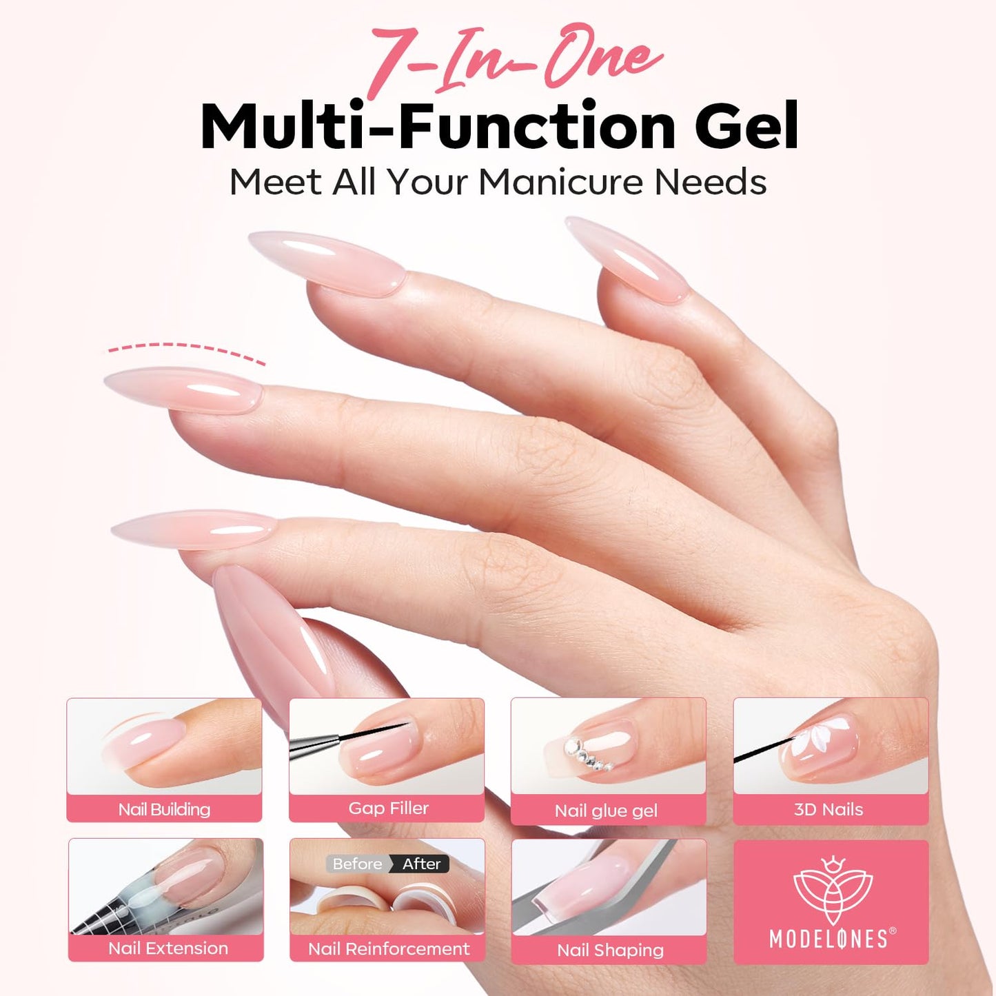 modelones Base Coat Builder Nail Gel, Clear Builder Nail Polish 7-in-One with Detachable Liner Nail Brush LED Lamp Cured Strengthener Color Rubber Base Coat for Apex Building Extension Thickening 10ml