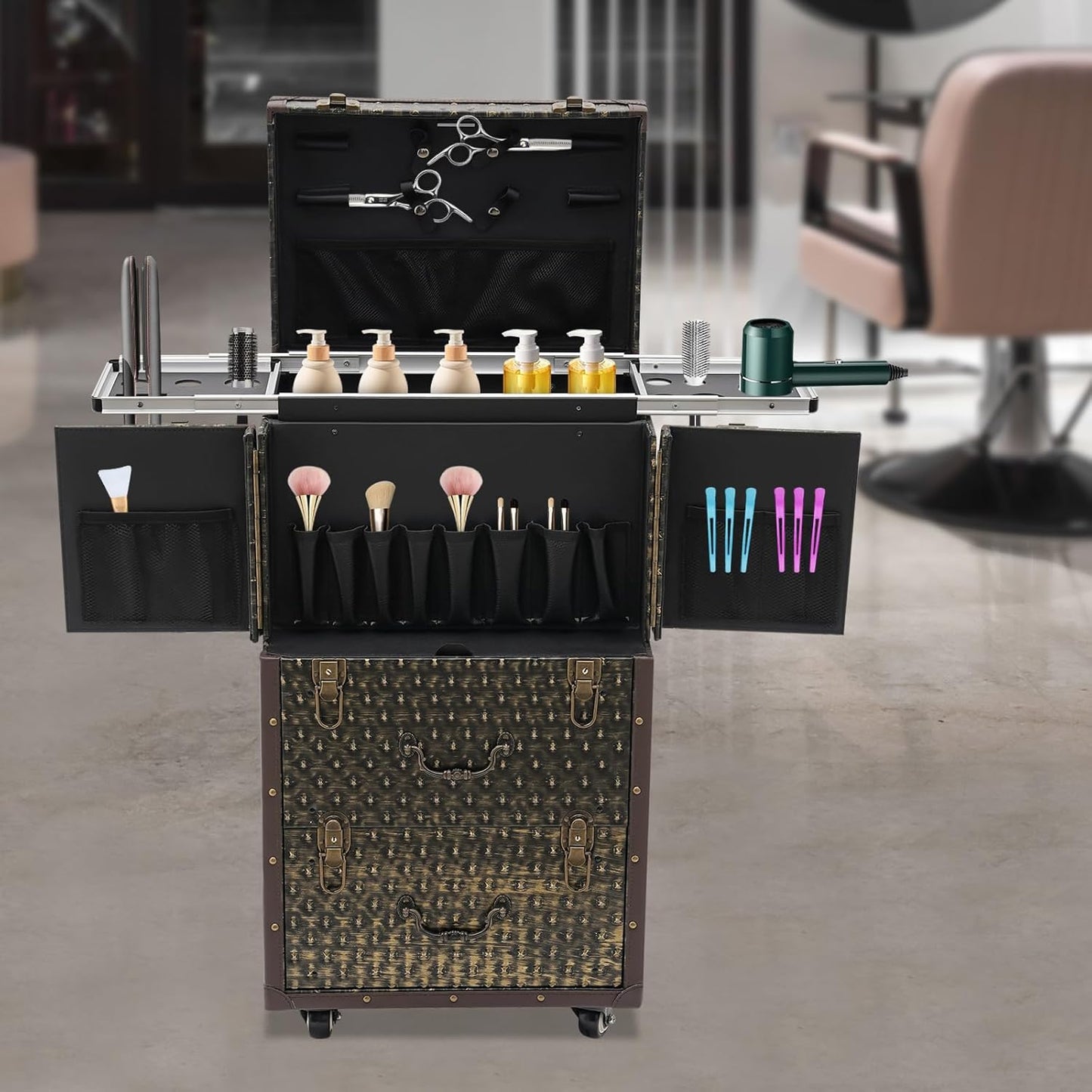 Lockable Makeup Train Case,55.1lbs Rolling Hairdressing Trolley,Beauty Salon Cosmetic Luggage with Universal Wheels for Hair Stylist,Make-up Artists (Brown)