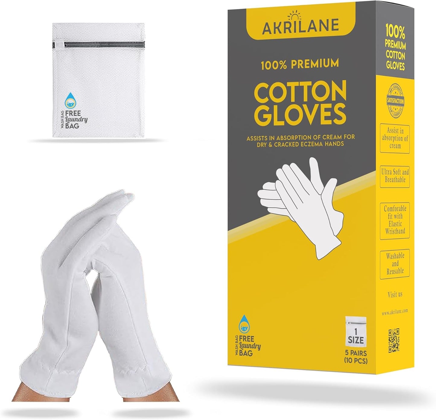 AKRILANE 1 Size 5 Pairs Cotton Moisturizing Gloves for Dry Hands | Eczema, Psoriasis & Skin Spa Treatment for Women & Men | Washable & Reusable with Free Laundry Bag