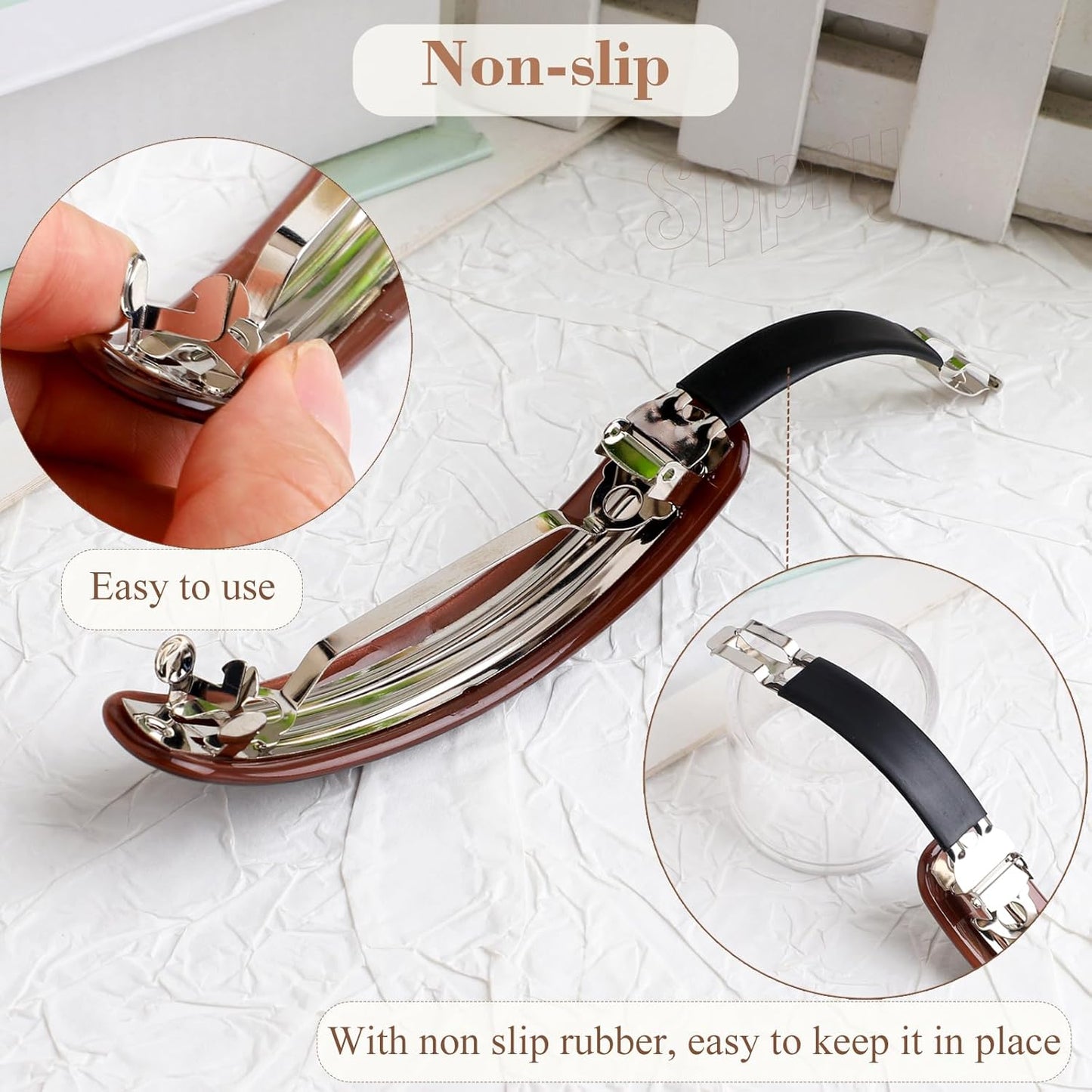 French Large Arc-shaped Adjustable Hair Clip Barrette for Women, Automatic Clasp (Dark Brown)
