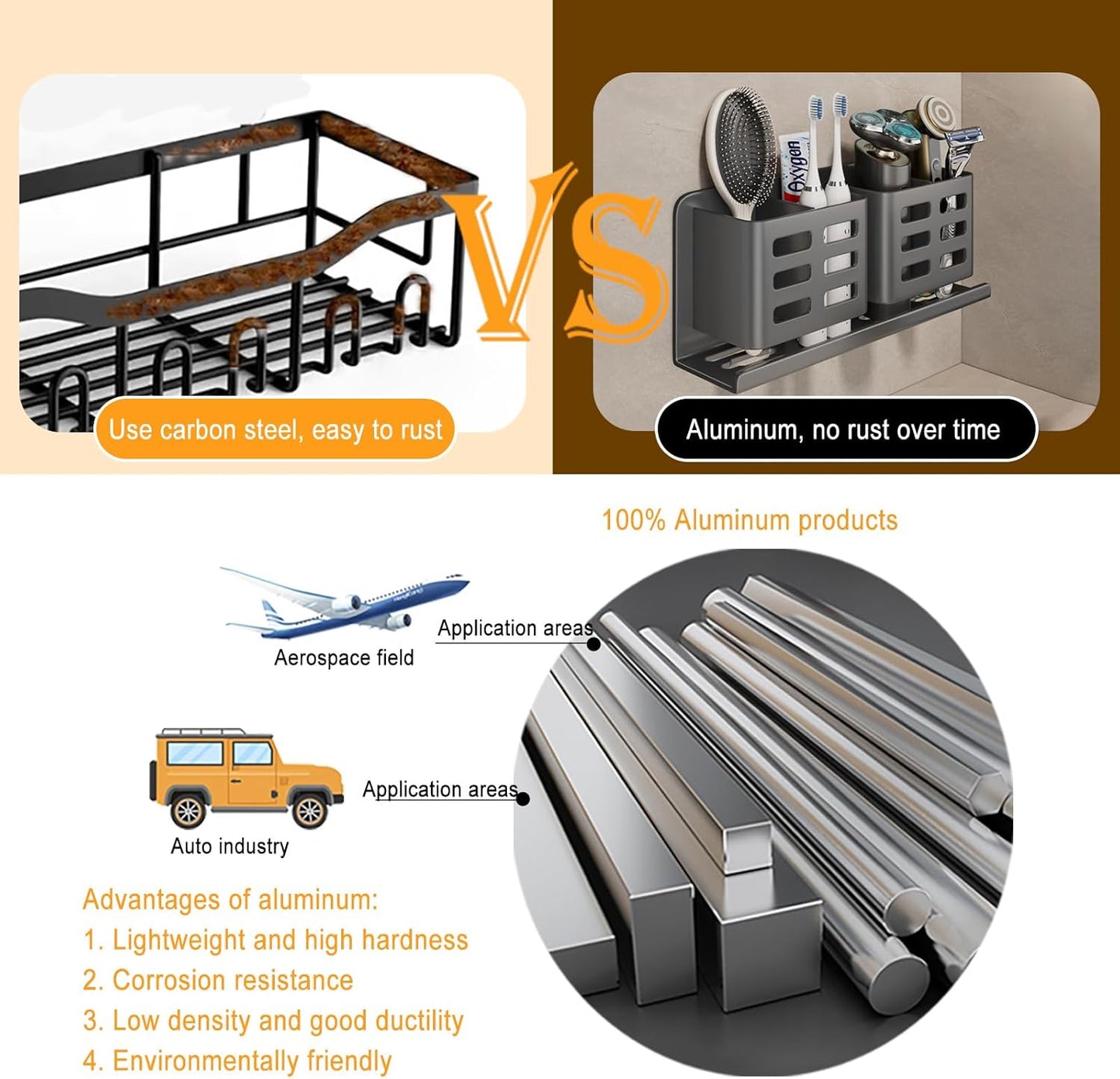 Aluminum Toothbrush Holder Self-Adhesive Hanging Bracket Shower Toothbrush Razor Holder Suitable for Toothbrush, Toothpaste, Razor and Comb etc Bathroom Storage