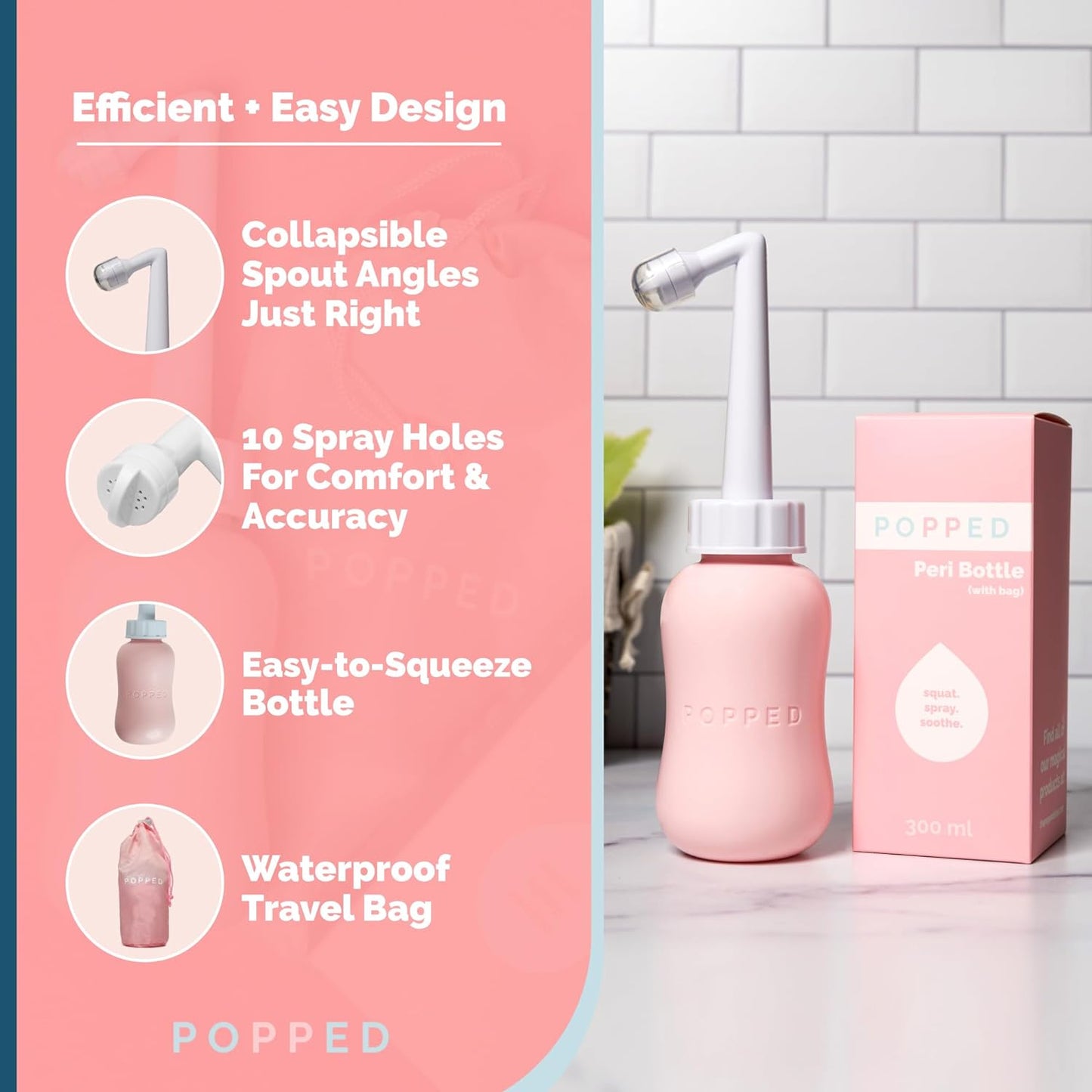 Popped Peri Bottle for Postpartum Care | Portable Bidet | Spray Bottle for Pain Relief, Tears, and Hemorrhoids After Birth | Postpartum Essential (Pink, 10 oz)