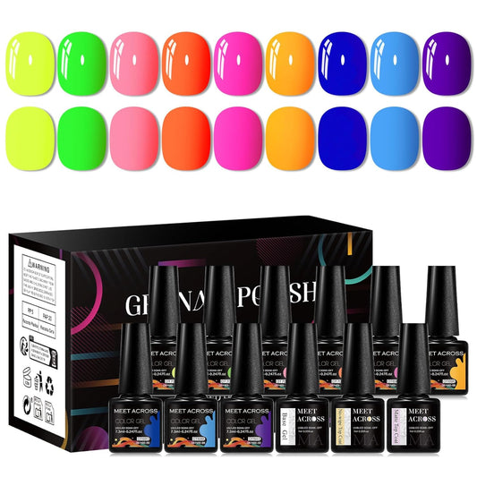 MEET ACROSS 9 Colors Gel Nail Polish + 3PCS Function Gel Nail Polish Kit,Fashion Nail Art Set Design Gifts for Women Manicure Salon (SET18, 12pcs)