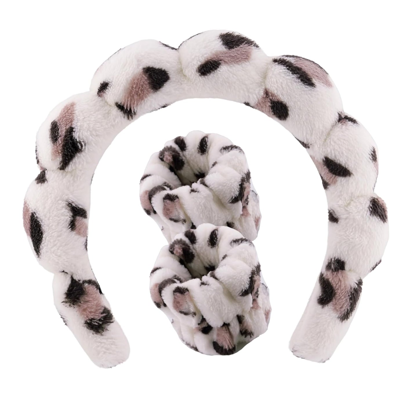 Spa Headband Wrist Band for washing face set Sponge Makeup Skincare Headband Wrist Towels Bubble Soft Terry Towel Cloth Hairband for Women Puffy Headwear Non Slip Thick Thin Hair Headwear (Leopard)