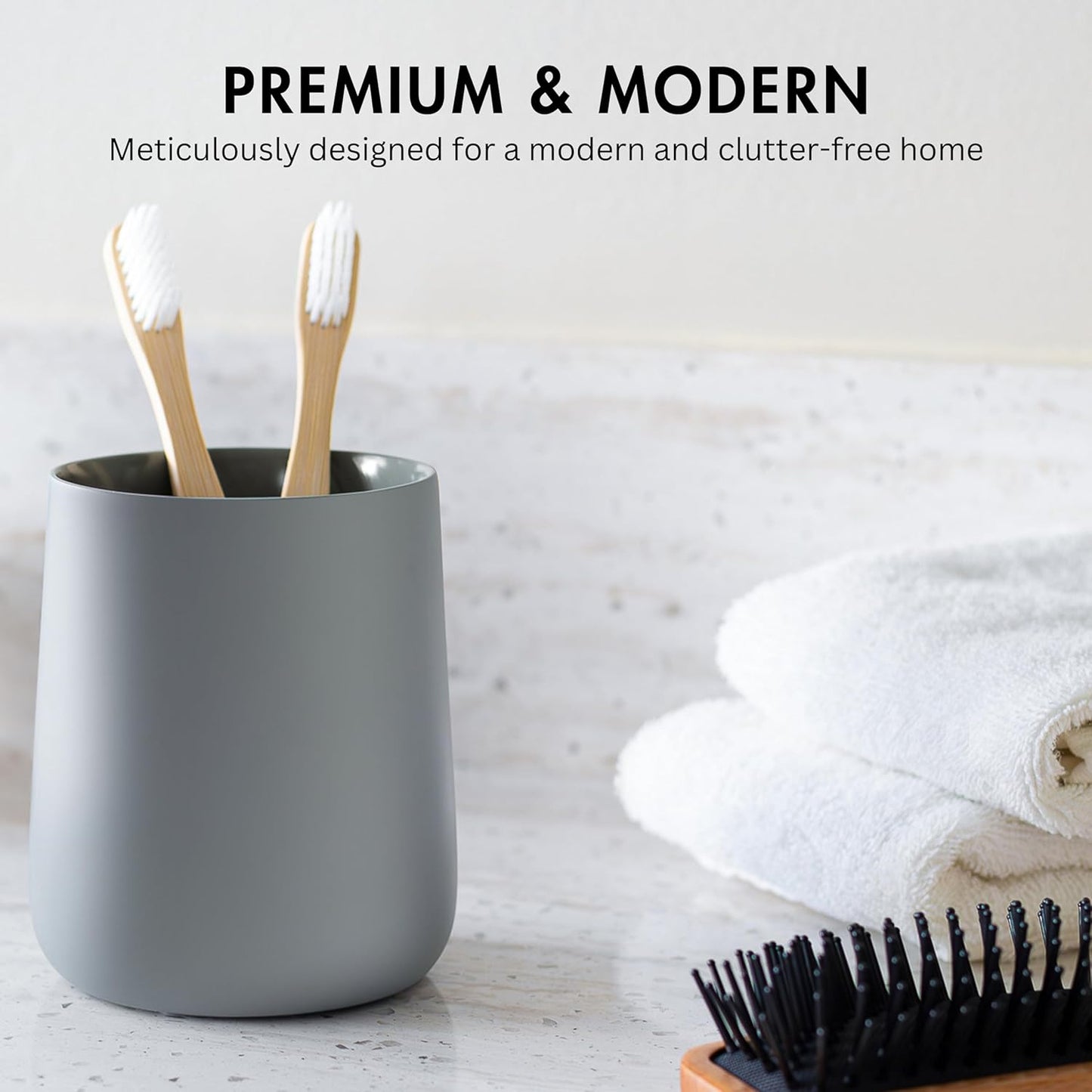 Matte Gray Toothbrush and Toothpaste Holder and Cup for Bathroom Vanity and Countertop, Round Organizer for Electric Toothbrushes, Floss, Razors, Cotton, and Mouthwash