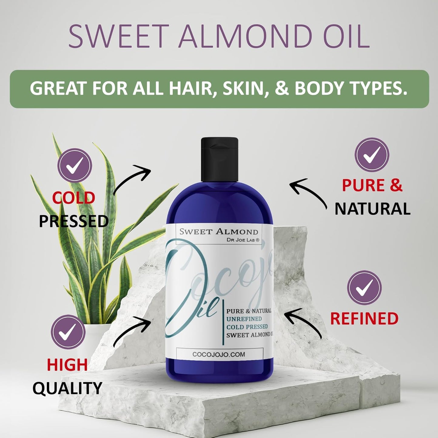 Dr Joe Lab Almond Oil 16 oz Pure Natural Sweet Almond Oil Cold Pressed Unrefined Extra Virgin - for Hair Skin Body Nail and Beard Carrier Oil for Essential Oils - Moisturizing & Nourishing
