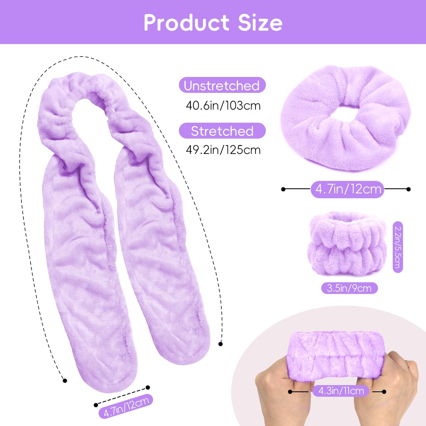 Face Wash Headband and Wristband Set Fashion Spa Headband, Coral Velvet Face Wash Set for Women, Adjustable Makeup Headbands Hair Band for Washing Face, Facial Skincare (Purple)