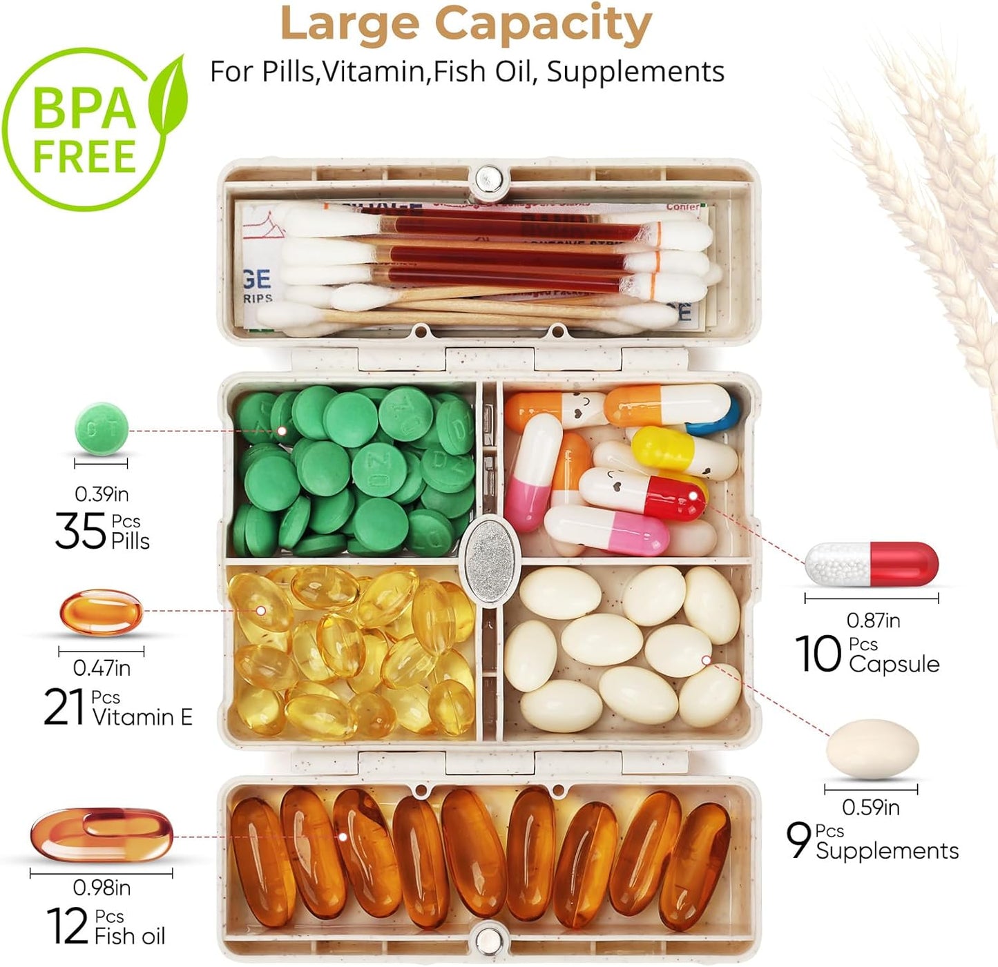 Zentiky Small Daily Pill Organizer with Labels, Medicine Pill Organizer Fit with Your Purse or Pocket for Travel to Hold Vitamin, Fish Oil, Supplement,Cotton Swabs, Bandages or Jewelry-Beige