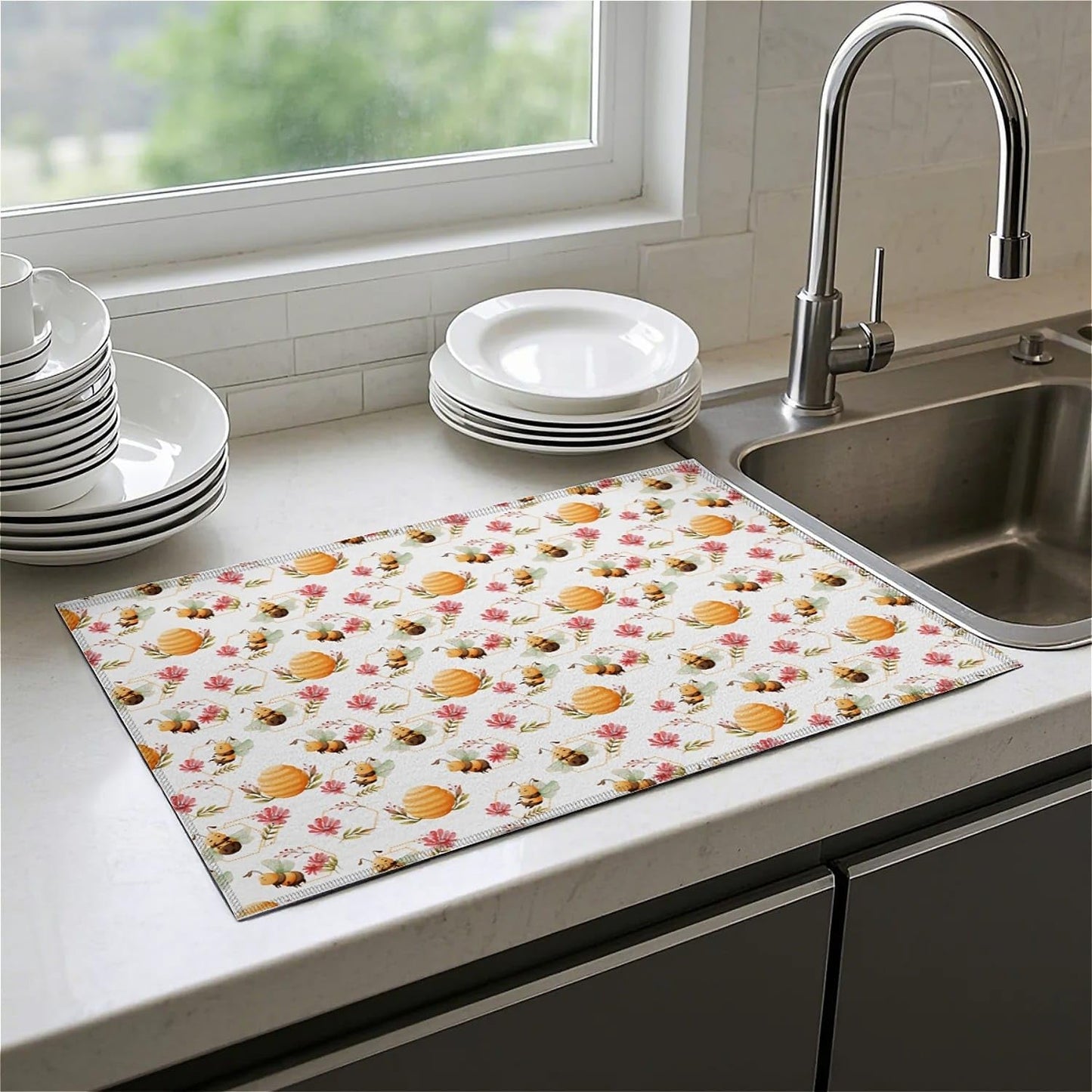 Dish Drying Mat For Kitchen Counter, Cute Bee Honeycomb Microfiber Absorbent Dish Drainer Rack Pad Reusable Large 18x24in Drying Mat