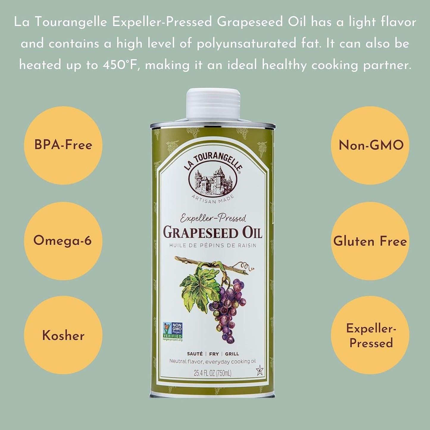 La Tourangelle, Expeller-Pressed Grapeseed Oil, High Heat Neutral Cooking Oil, Cast Iron Seasoning, Also Great for Skin, Hair, and DIY Beauty Recipes, 16.9 fl oz