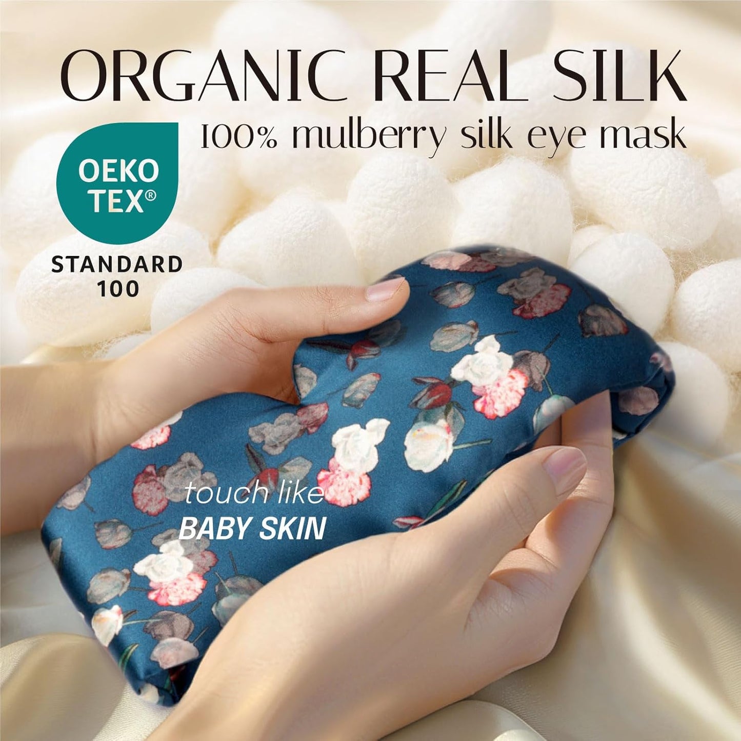 Silk Sleep Mask Soft Pressureless: 100% Mulberry Silk for Eye Skin Anti Wrinkles, Large Size for Total Blackout, Adjustable Wide Velcro Ear Cover, Print