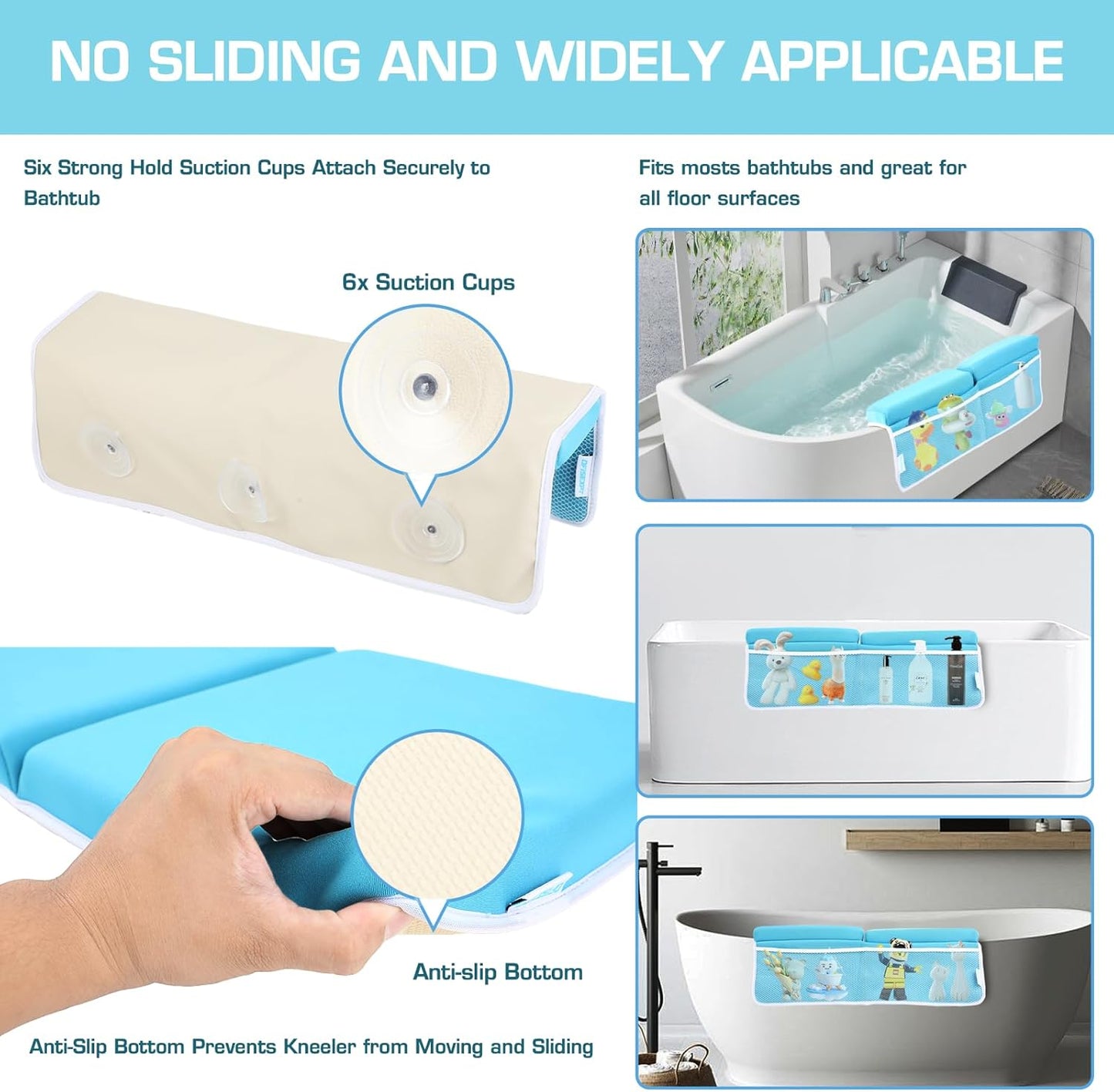 Bath Kneeler and Elbow Rest Pad, Thick Quick Dry Kneeling Mat, Large Bathtub Pad with Toy Organizer for Baby Bathing (Blue)