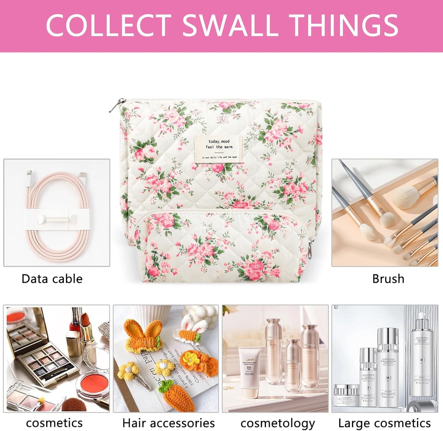 2Pcs Quilted Cotton Makeup Bag Large Travel Makeup Pouch Small Brush Holder Set for Women Floral Coquette Makeup Bag Cute Aesthetic Cosmetic Bag Blue Toiletry Organizer Storage Bag Big Zipper Pouch