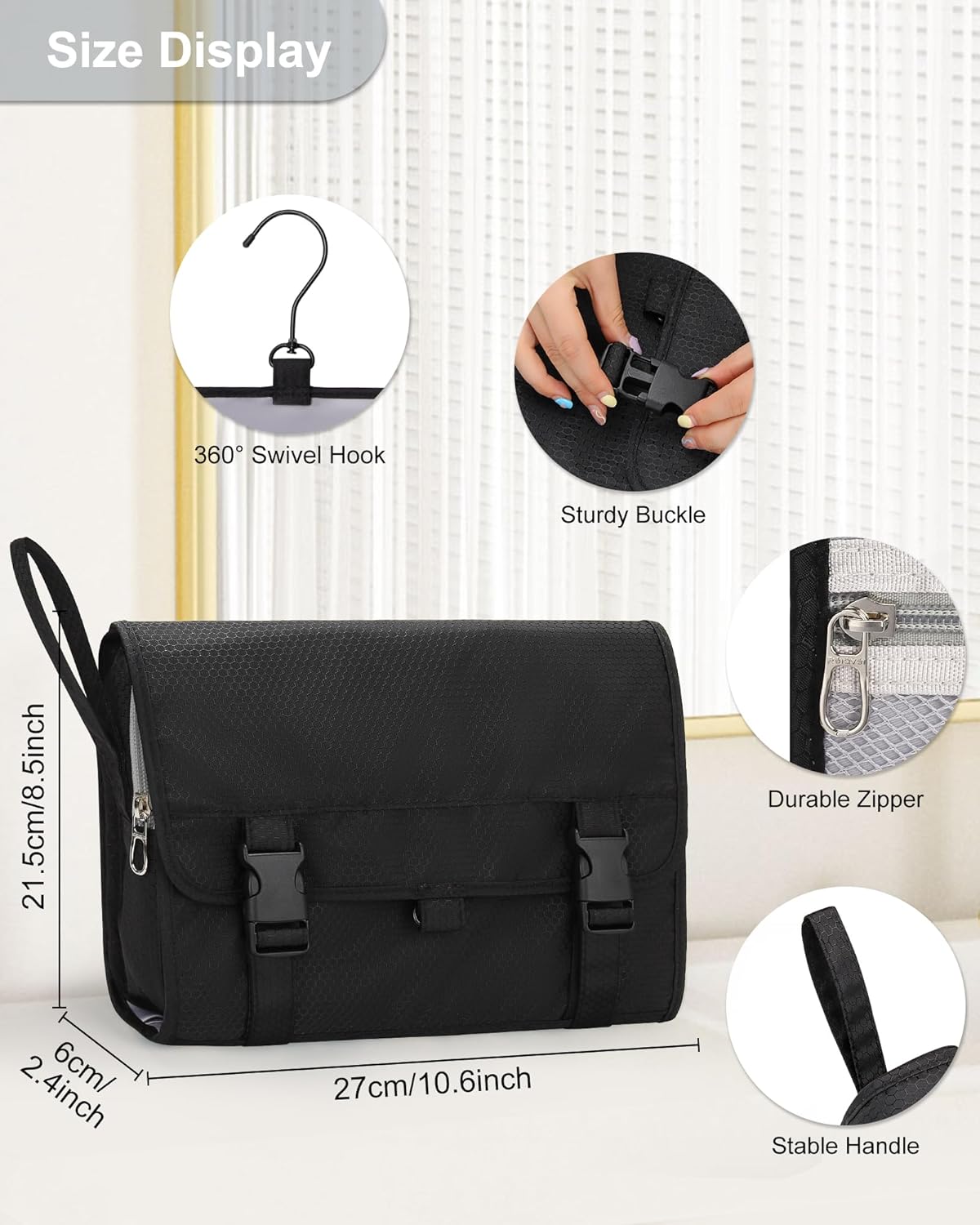 Travel Hanging Toiletry Bag with Makeup Brush Board, Portable Toiletries Bag with Hanging Hook, Water Resistant Wash Bag, Makeup Organizer with Cosmetics for Full Sized Travel Essentials - Black