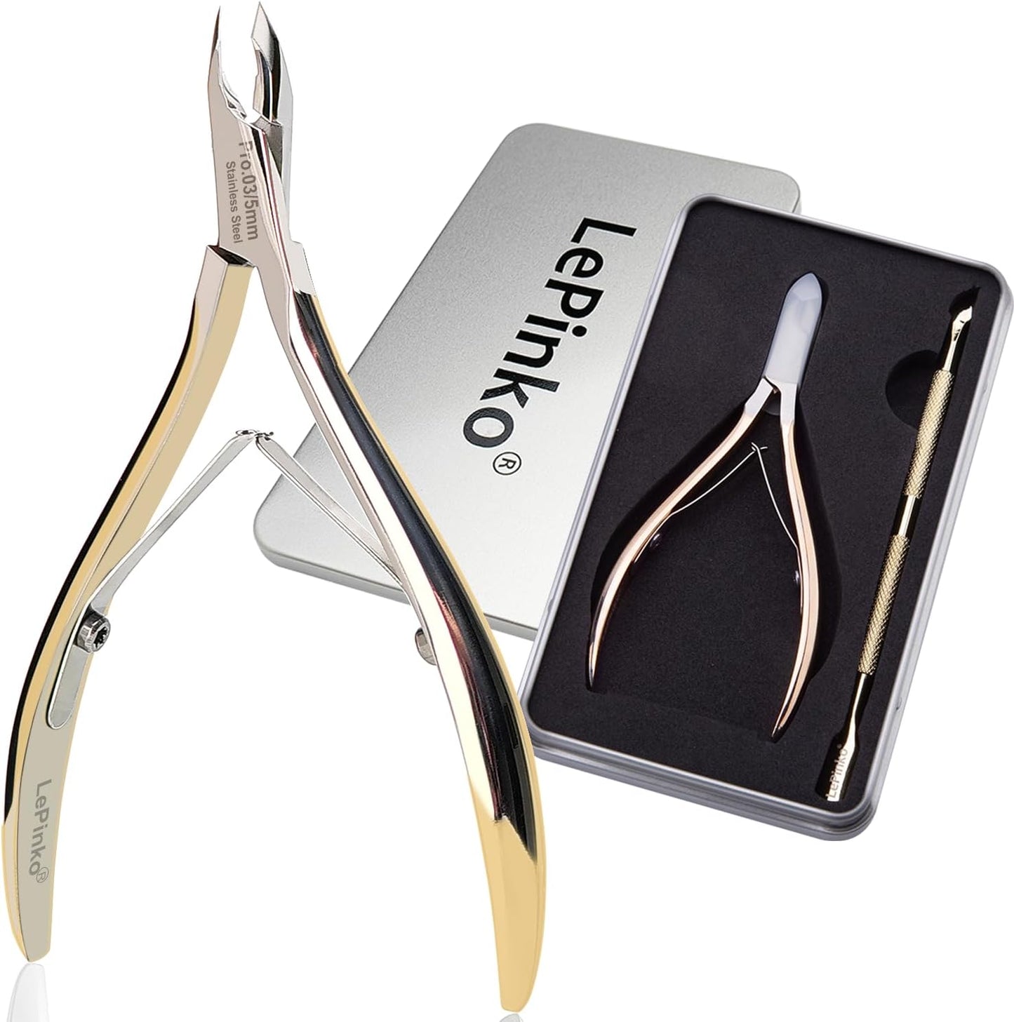 LePinko Salon-Quality Cuticle Trimmer with Cuticle Pusher, Super Labor-saving Cuticle Cutter, Sharp Cuticle Clippers for Manicurist, 5mm Jaw, Golden
