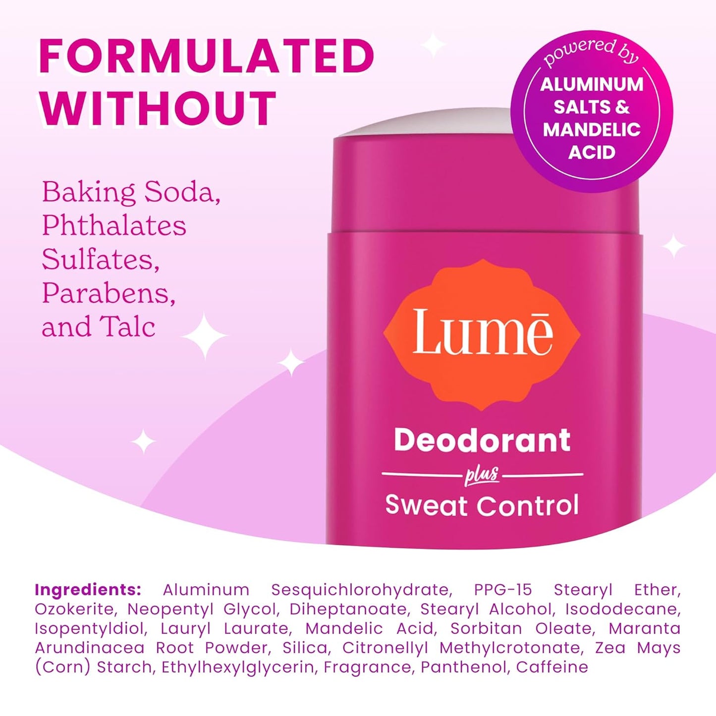 Lume Deodorant Plus Sweat Control - Smooth Solid Stick - Maximum Strength Antiperspirant - 72 Hour Odor And Sweat Control - Baking Soda Free, Skin Loving - 2.6 ounce (Clean Tangerine) Pack of 2
