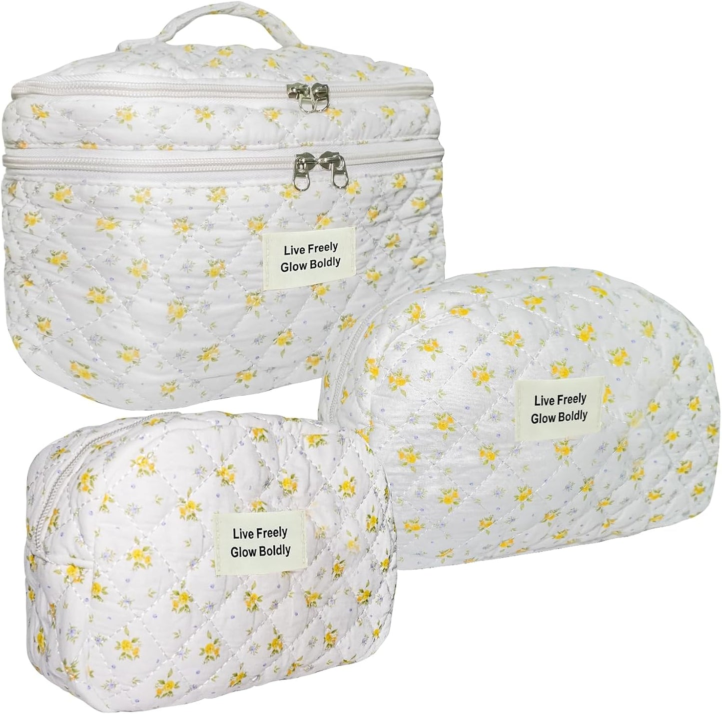3Pcs Large Travel Quilted Makeup Bag, Double Layer Cute Floral Cotton Toiletry Bag, Aesthetic Flower Cosmetic Bag Coquette Skincare Organizer Bag for Women (76-YellowFloral)
