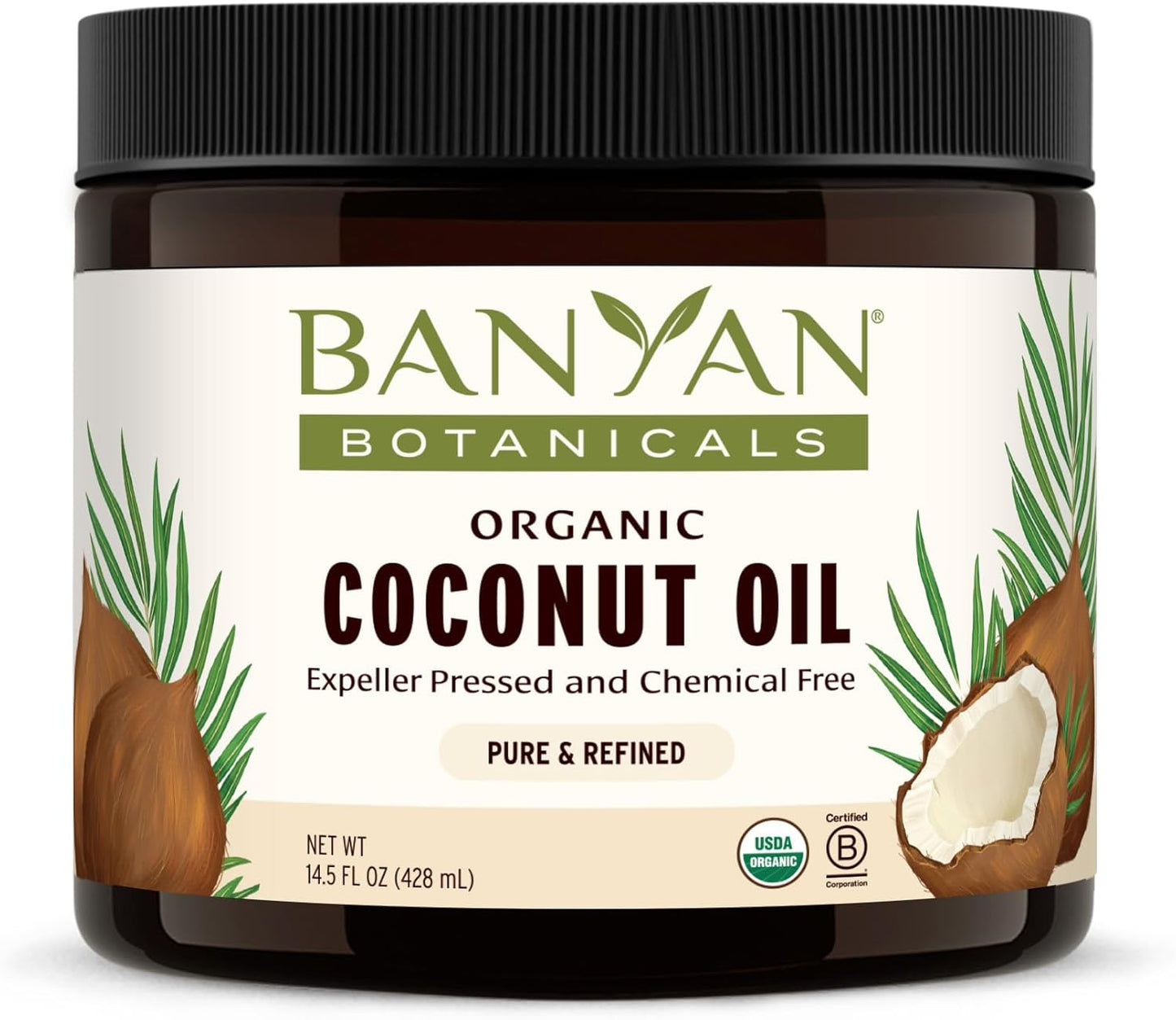 Banyan Botanicals Coconut Oil – Expeller Pressed Organic Coconut Oil – Massage Oil for Naturally Hydrated Skin and Hair – 14.5 oz – Refined, Non GMO, Sustainably Sourced
