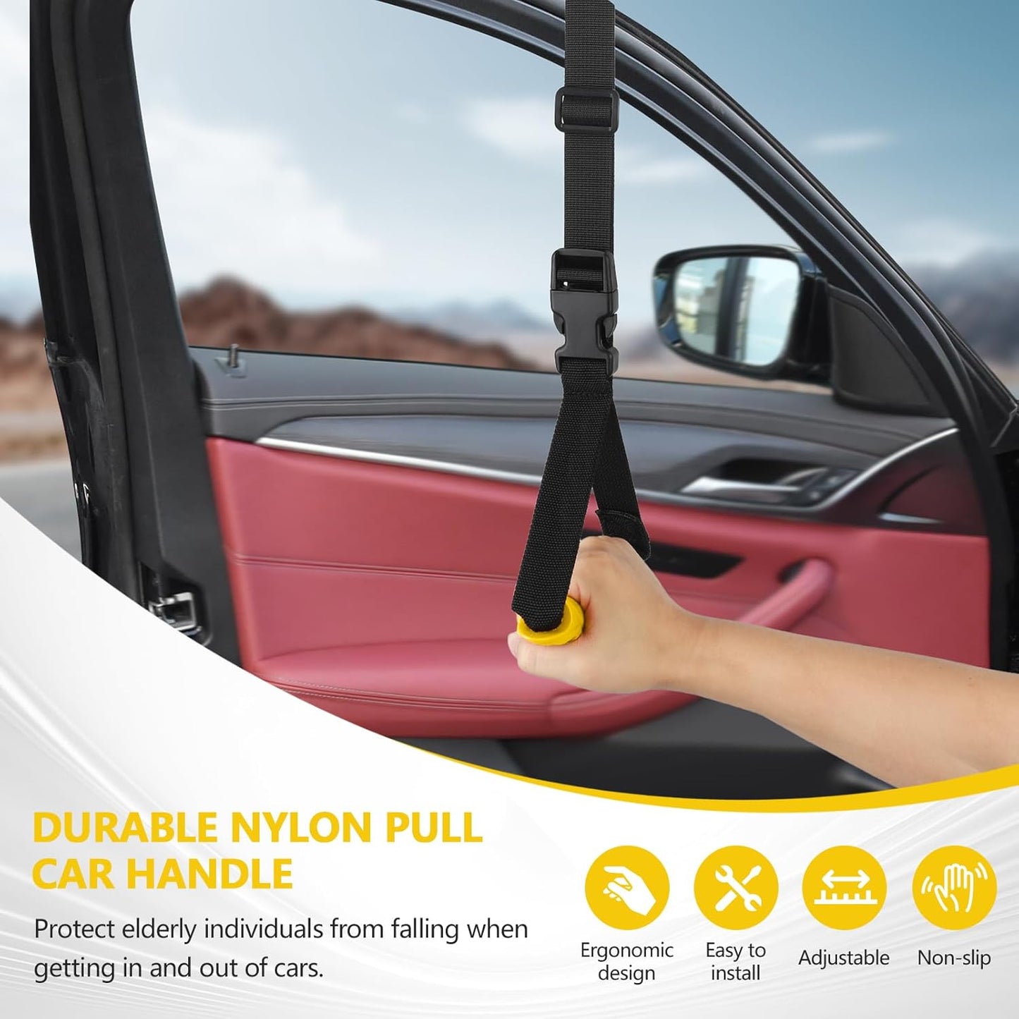 Car Door Handle for Elderly - 2025 New 4 in 1 Car Handle Assist, 2 Pack Auto Cane Portable Vehicle Support Handle Door Assist Bar, Max Load 500 Lbs, Anti-Slip Design (Yellow-Car Handle +Strap)