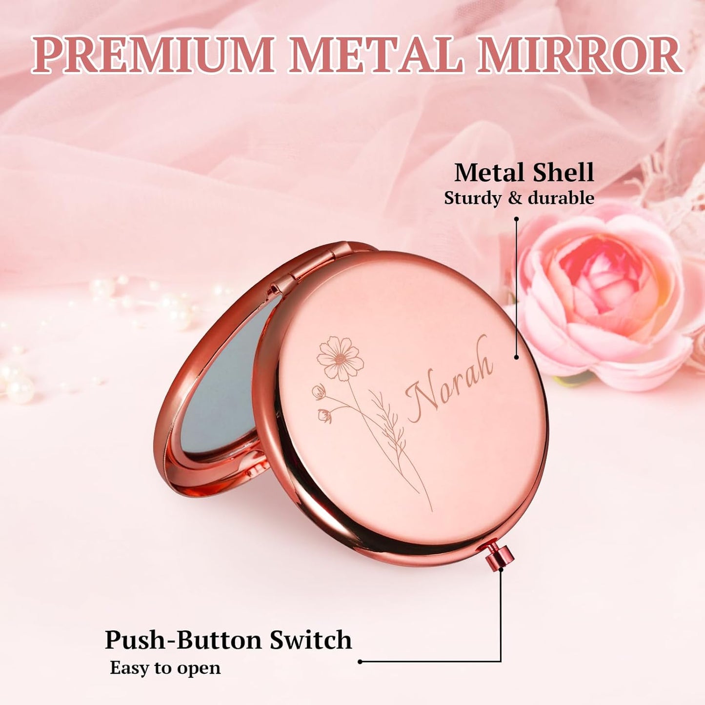Personalized Compact Mirror, Custom Pocket Mirror with Birth Flower and Name, Small Purse Mirrors for Women, Double-Sided 1X/2X Magnifying Travel Makeup Mirrors, Bridal Shower Gifts, Stocking Stuffers
