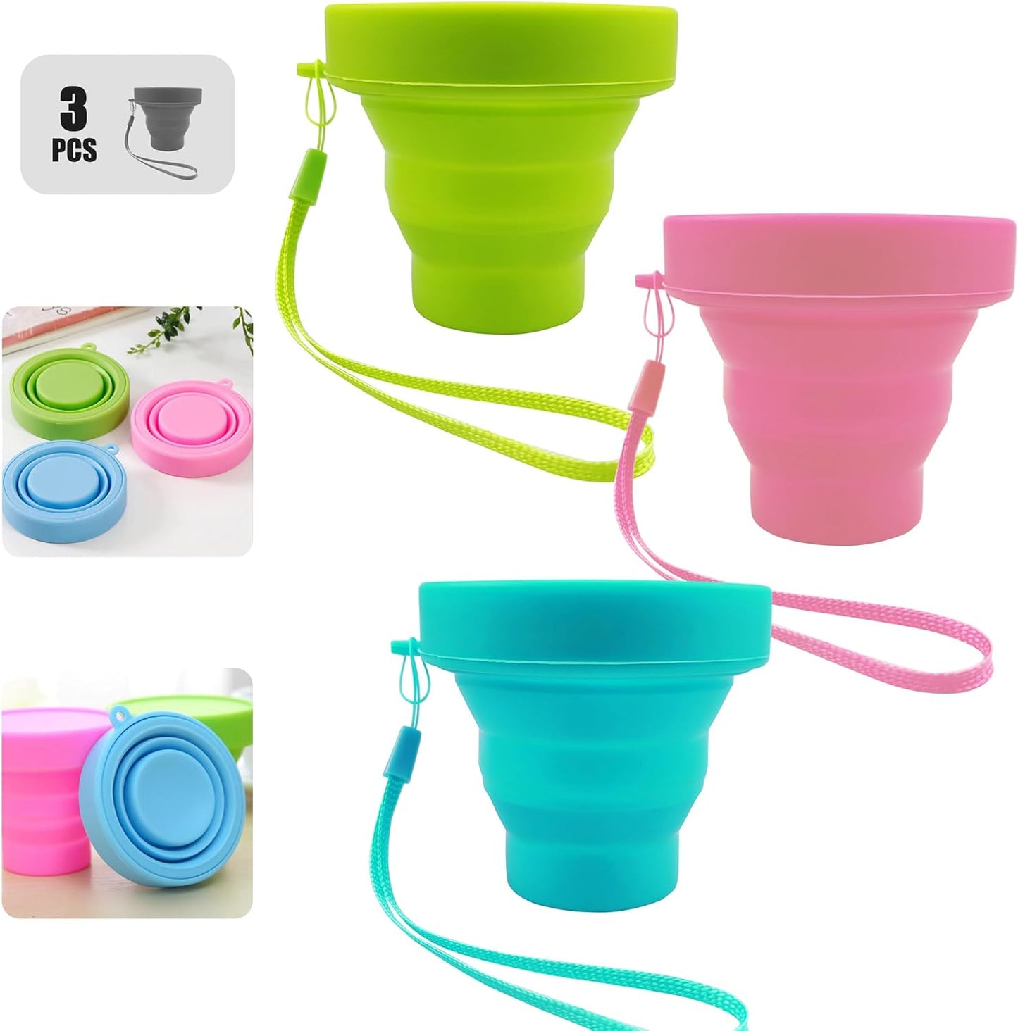 Silicone Collapsible Water Cup,Outdoor Folding Reusable Mug with Lid Lanyard,Camping Travel Hiking Expandable Drinking Jug,Portable BPA Free Food Grade Container,170ml/6oz(3pcs)