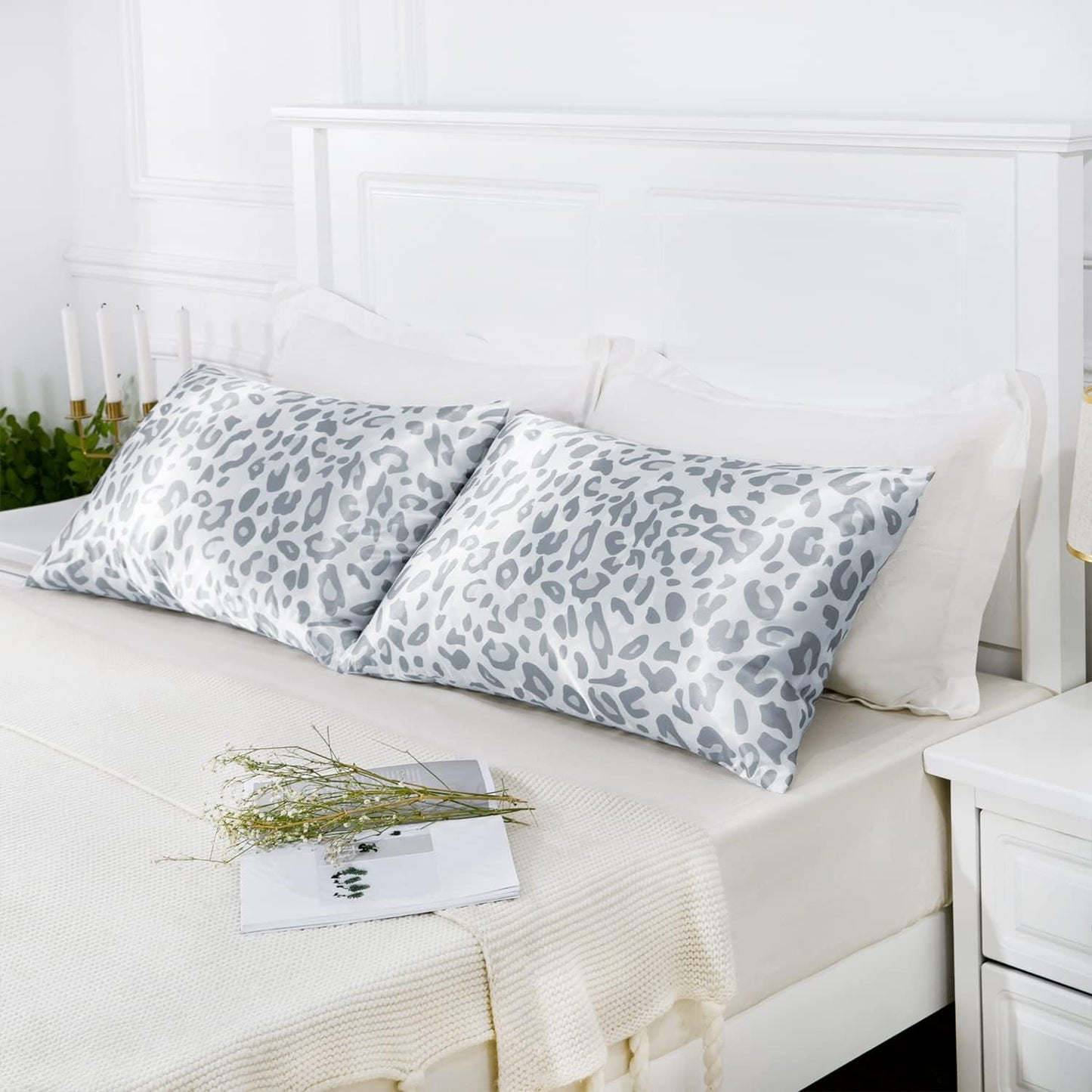 MR&HM Satin Pillowcase for Hair and Skin, Silk Satin Pillowcase 2 Pack, King Size Pillow Cases Set of 2, Silky Pillow Cover with Envelope Closure (20x36, Silver Leopard)