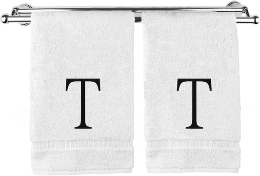 Monogrammed Hand Towel, Personalized Initial Gift, Extra Absorbent 100% Turkish Cotton - Soft Terry Finish - Set of 2 - Black Block Initial T - Embroidered on White Towels