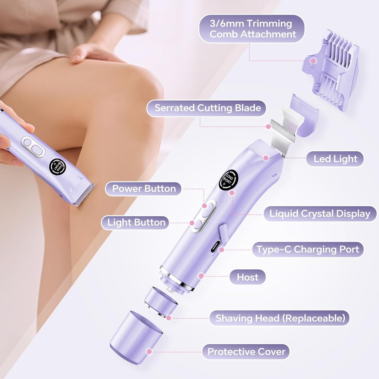 Bikini Trimmer for Women|Hair Removal Shaver - Painless Electric Razor, Cordless Body Shaver for Travel, Replaceable Lady Facial Razor|Trim Nasal/Eyebrows, IPX7 Waterproof&Easy Cleaning, Ceramic Blade