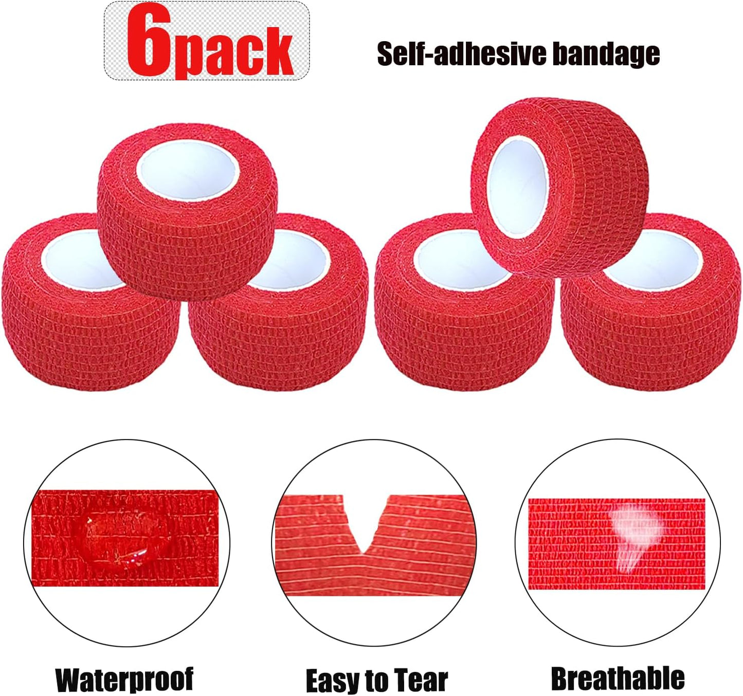Hysiwen 6 Pack 1" x 5 Yards Self Adhesive Bandage Breathable Cohesive Wrap Self Adherent Vet Tape Self Stick Bandage Wrap for Sports, Athletic, Wrist, Ankle(Red)