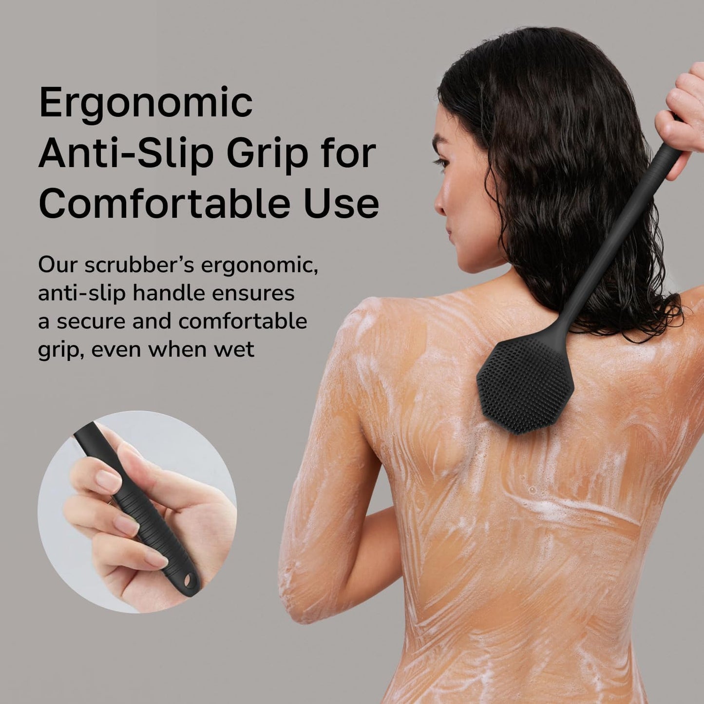 Silicone Back Scrubber with Long Handle - Octagon Body Brush for Shower, Bath, and Exfoliating - Skin Cleansing, Back Scrub, and Gentle Silicone Sponge - Wash Your Body with Easy Reach