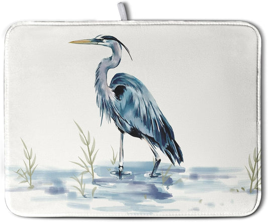 Summer Dish Drying Mat Blue White Heron Beach Absorbent Microfiber Drying Mats for Kitchen Counter Coastal Nautical Birds Dishes Drainer Mat Extra Large 18x24 Inch