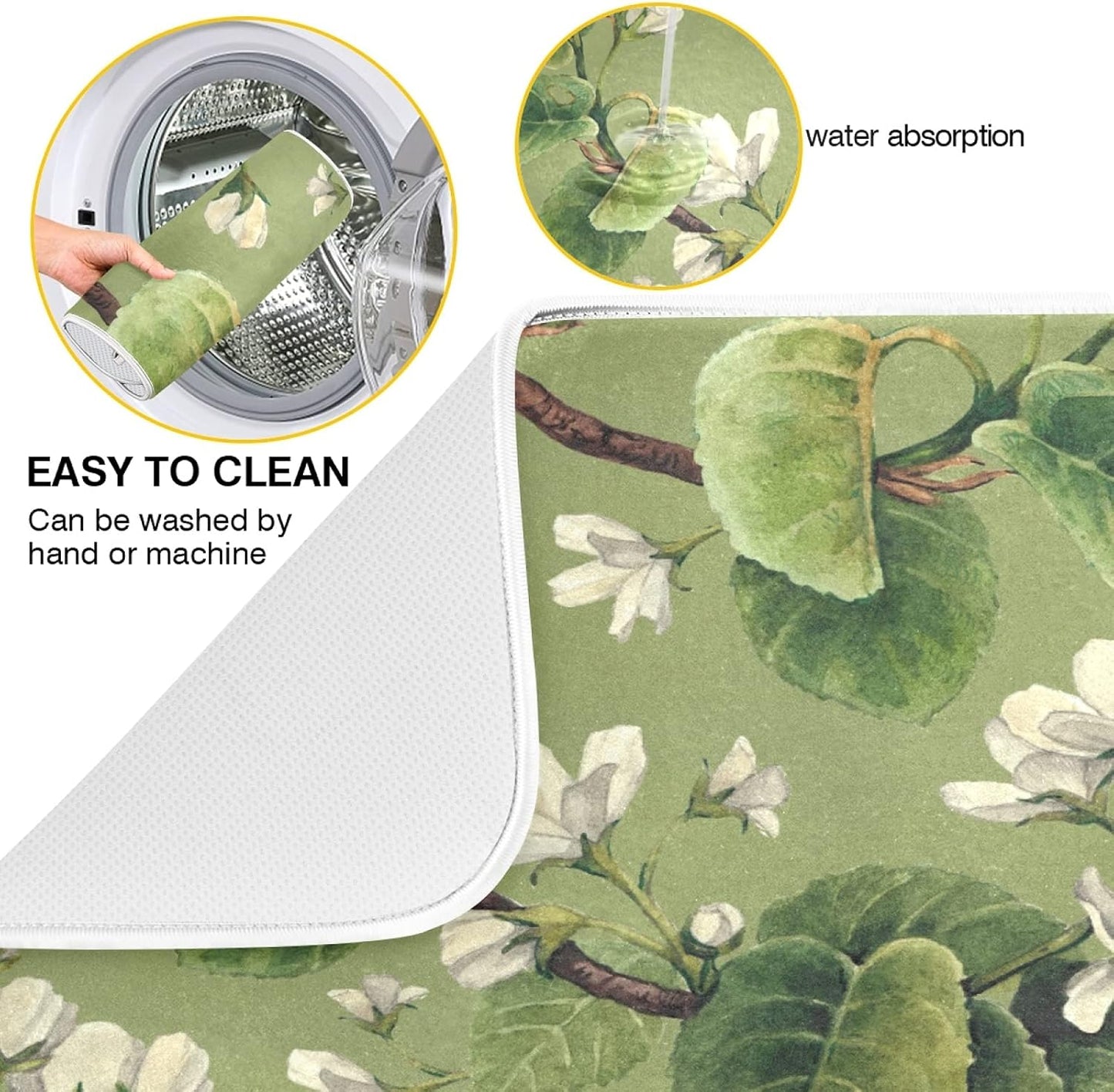 Vintage White Floral Green Leaves Microfiber Dish Drying Mat 18'' x 24'' for Kitchen Counter Drying Pad Dish Drainer Mats Absorbent Dish Draining Mat Extra Large