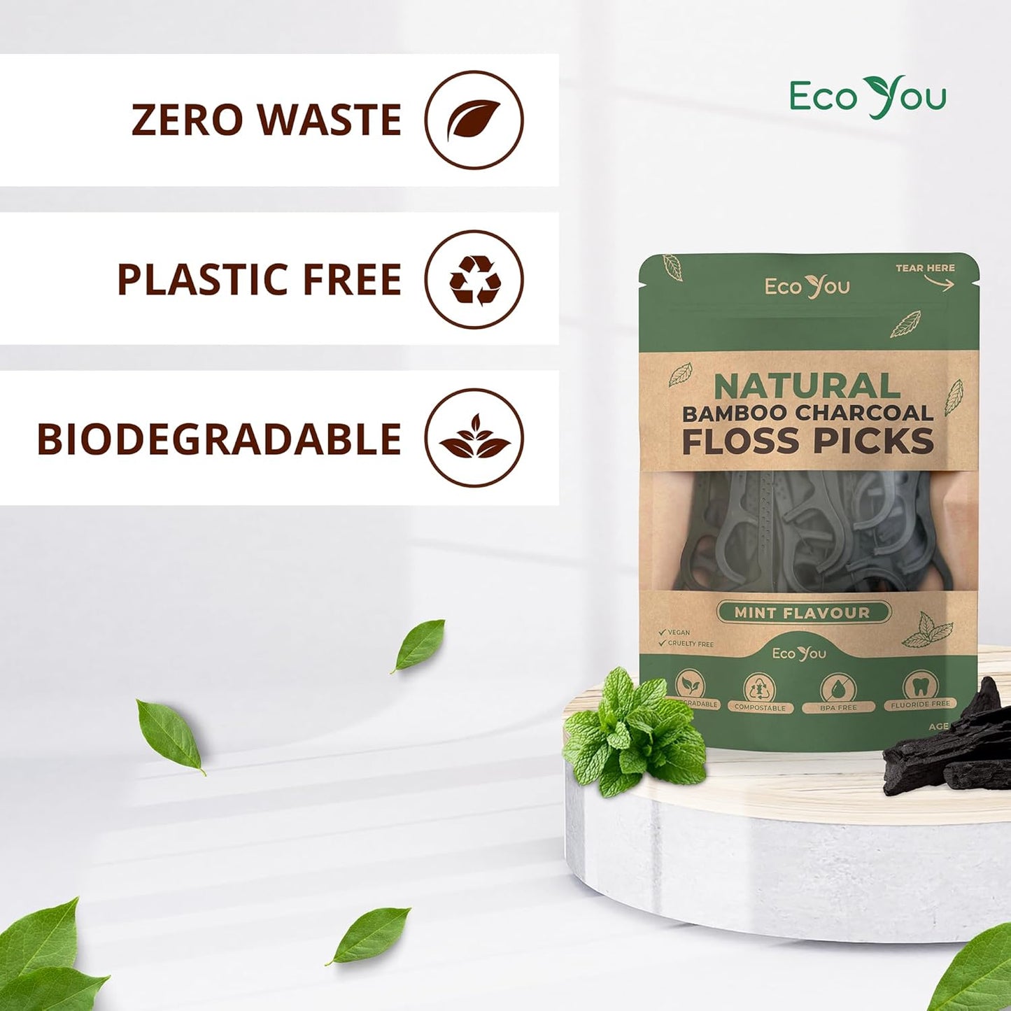 Biodegradable Floss Picks | 50 Count (1 Pack) | Mint Flavor, Candililla Wax | Sustainable & Reusable | Vegan & Cruelty-Free | Bamboo Floss Picks, Bamboo Toothpicks