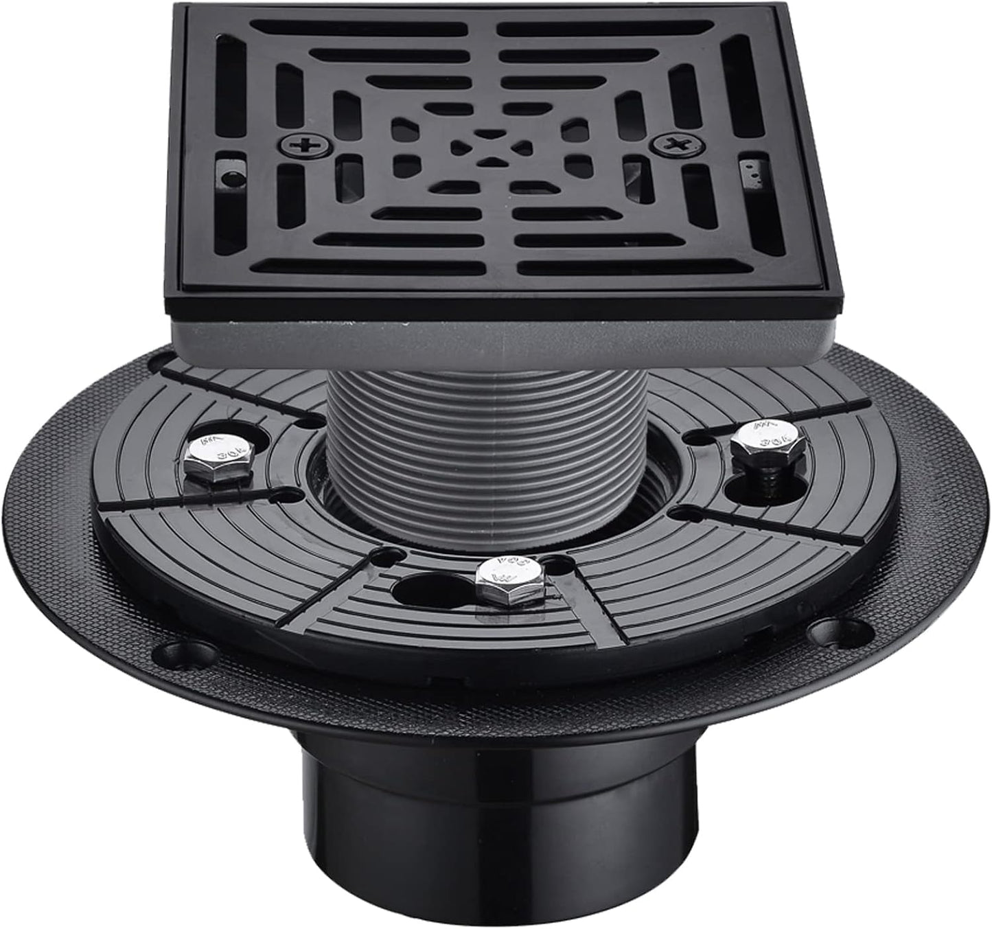 RANDOM 4 Inch Black Shower Drain Square with Adjustable PVC Base Flange,SUS304 Stainless Steel Matte Black Shower Floor Drain with Removable Cover Grid Grate