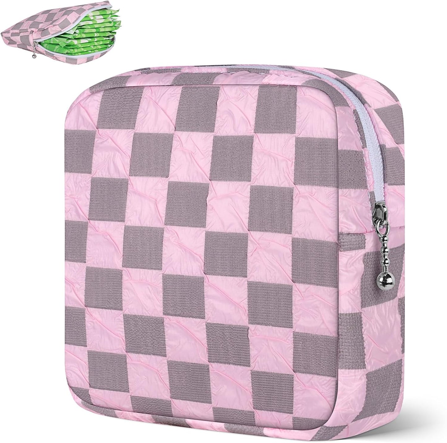 Desing Wish Sanitary Napkin Storage Bag Polyester Fabric Period Bag for Teen Girls Sanitary Pad Pouch for Sanitary Napkins/Tampons/Panty Liners Privacy Protector Pad Bag (Bubble-Check, Pink)