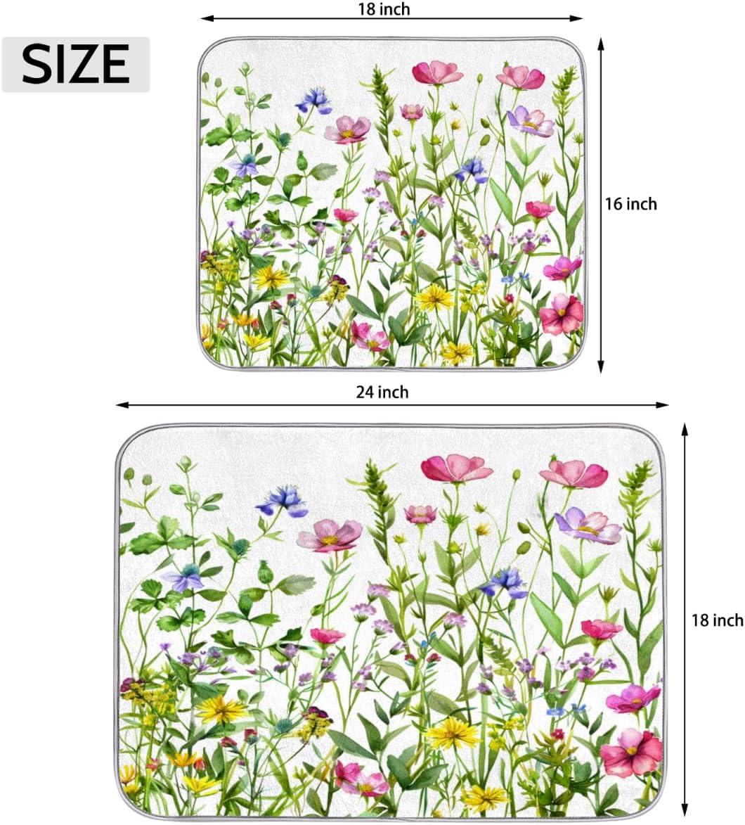 Hexteria Colorful Flowers Large Dish Drying Mats for Kitchen Counter 18 X 24 Inch Spring Floral Microfiber Dish Mat, Dish Drainer Mats for Countertops, Wildflower