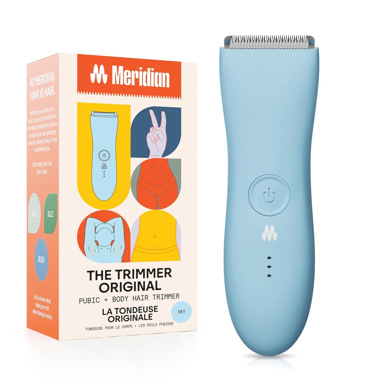 MERIDIAN The Trimmer Original - Body Hair Trimmer for Men, Electric Shaver for Pubic Hair, Chest, Legs & Bikini, Waterproof & Rechargeable, Sky