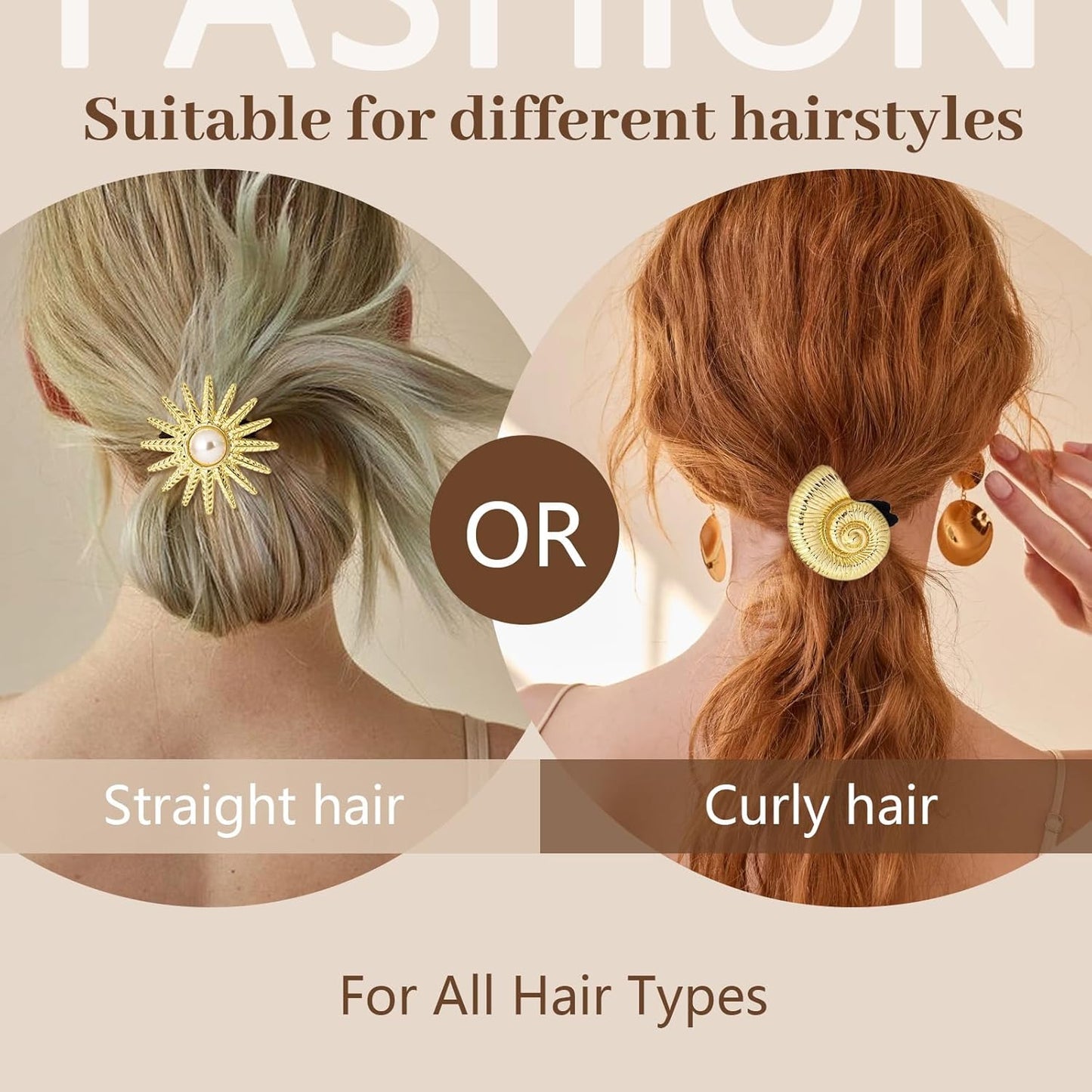 3PCS Gold Hair Ties, Metal Hair Ties for Thick Hair, Gold Ponytail Cuff Elegant Durable Geometric Design, Hair Accessories for Women, Stretchy & Non Damage Ponytail Holders with Pendant Holiday Gifts